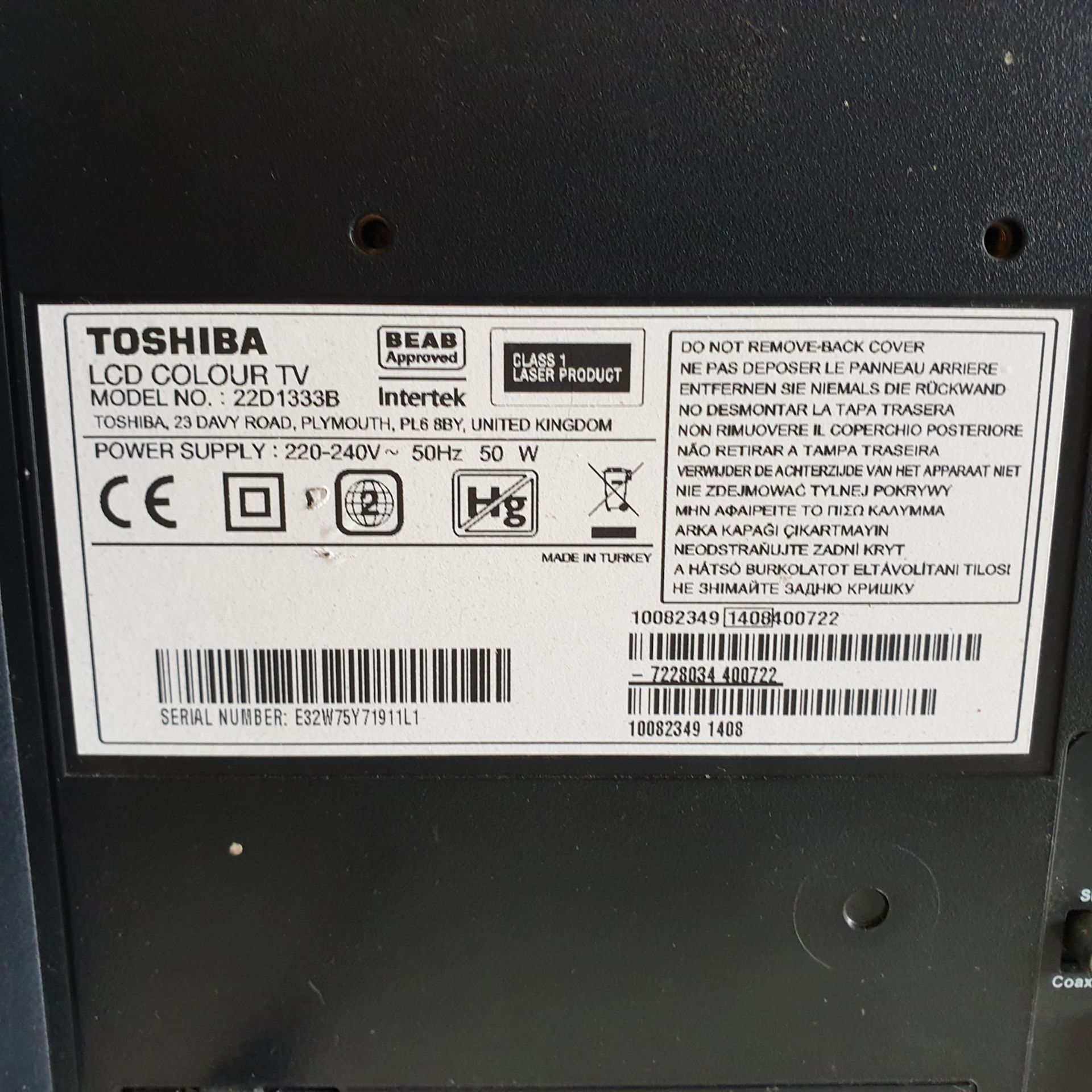 Toshiba Model 22D1333B LCD Colour TV with Built In DVD Player. - Image 4 of 6