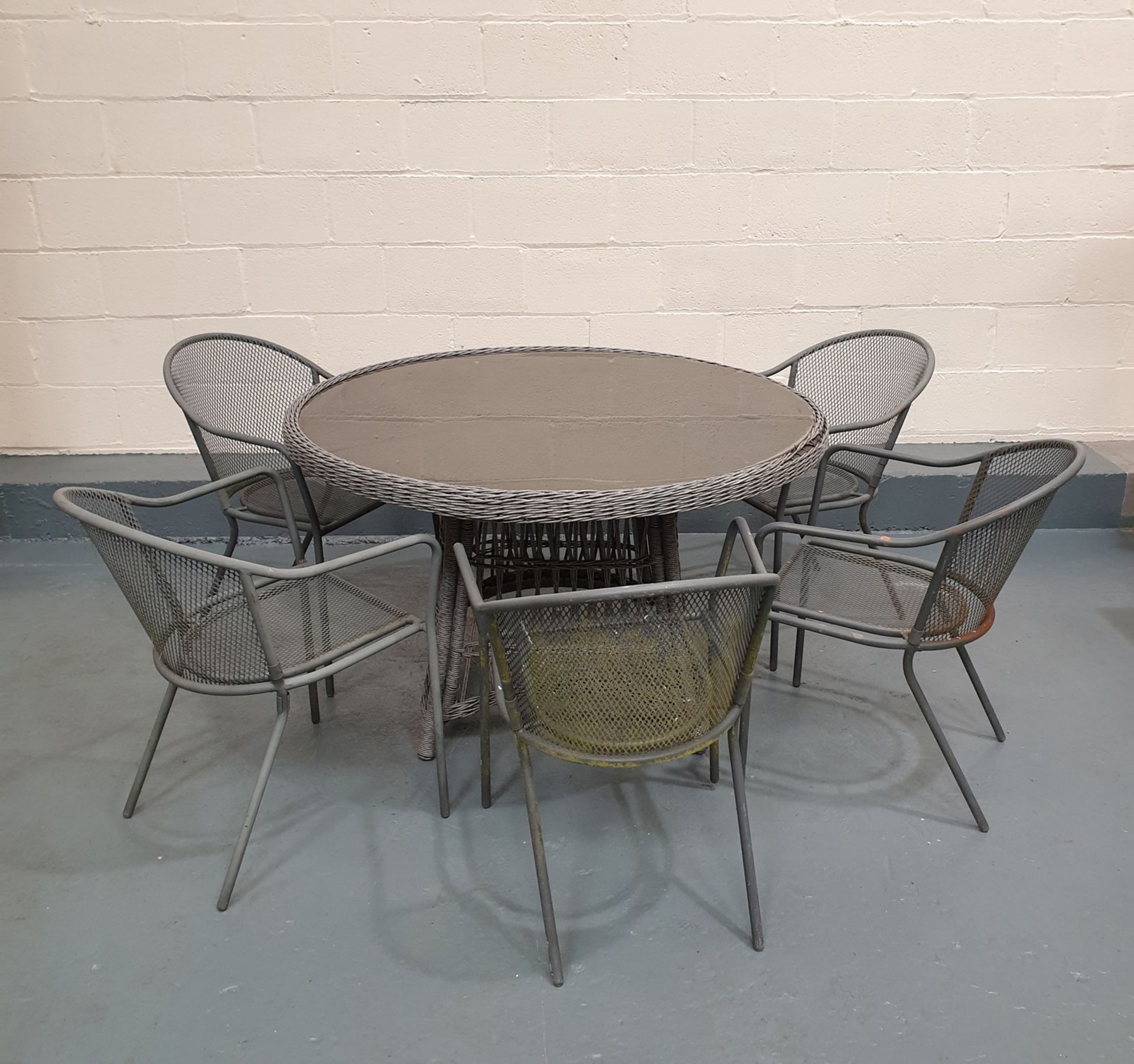 Outdoor Table with Glass Top. 5 x Metal Chairs.
