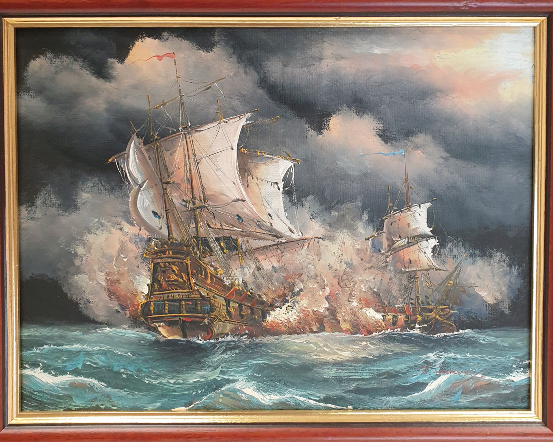 Oil Painted Canvass of Galleons Signed 'J Harvey'. Approx Dimensions 20 1/2" x 17". - Image 2 of 4