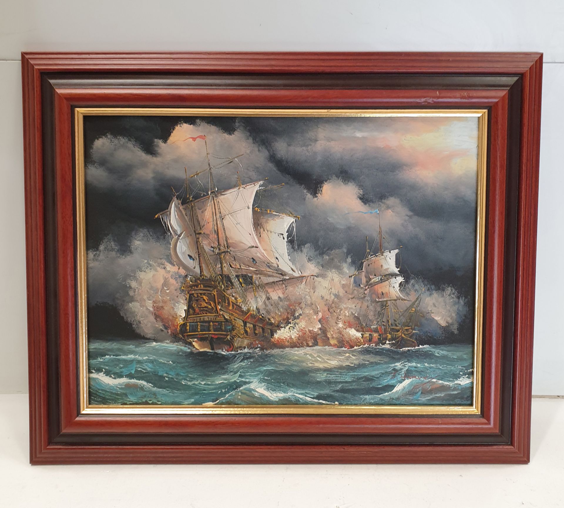 Oil Painted Canvass of Galleons Signed 'J Harvey'. Approx Dimensions 20 1/2" x 17".