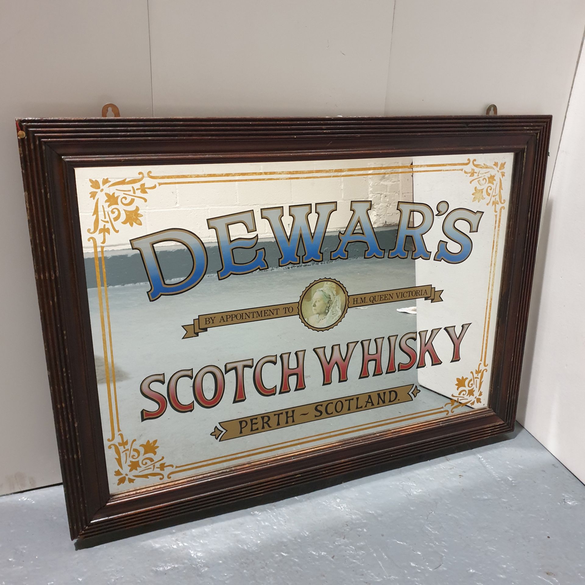 Dewar's Scotch Whiskey Mirror. Approximate Dimensions 37" x 26 1/2".