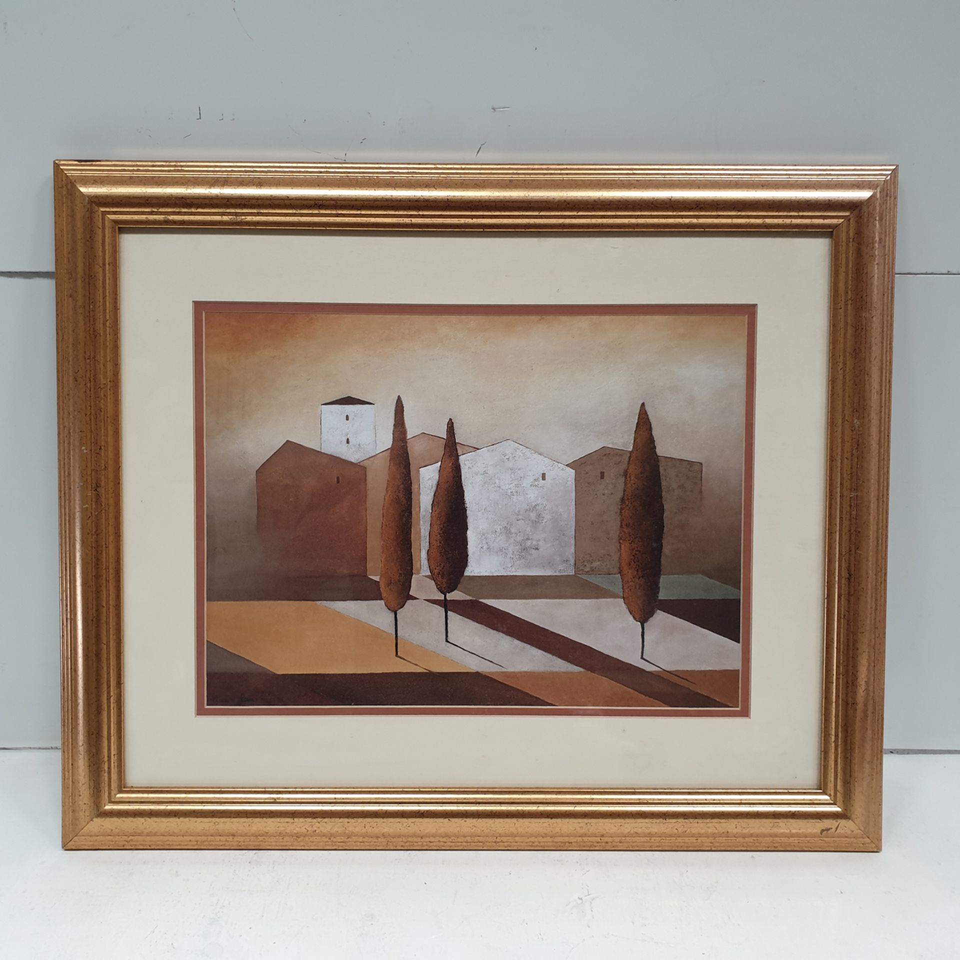 Modern Art Trees and Houses Framed Picture. Approx Dimensions 23 1/2" x 19 3/4".