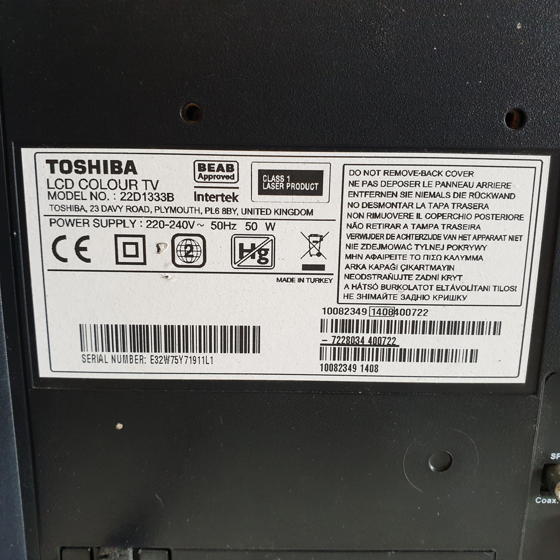 Toshiba Model 22D1333B LCD Colour TV with Built In DVD Player. - Image 6 of 6