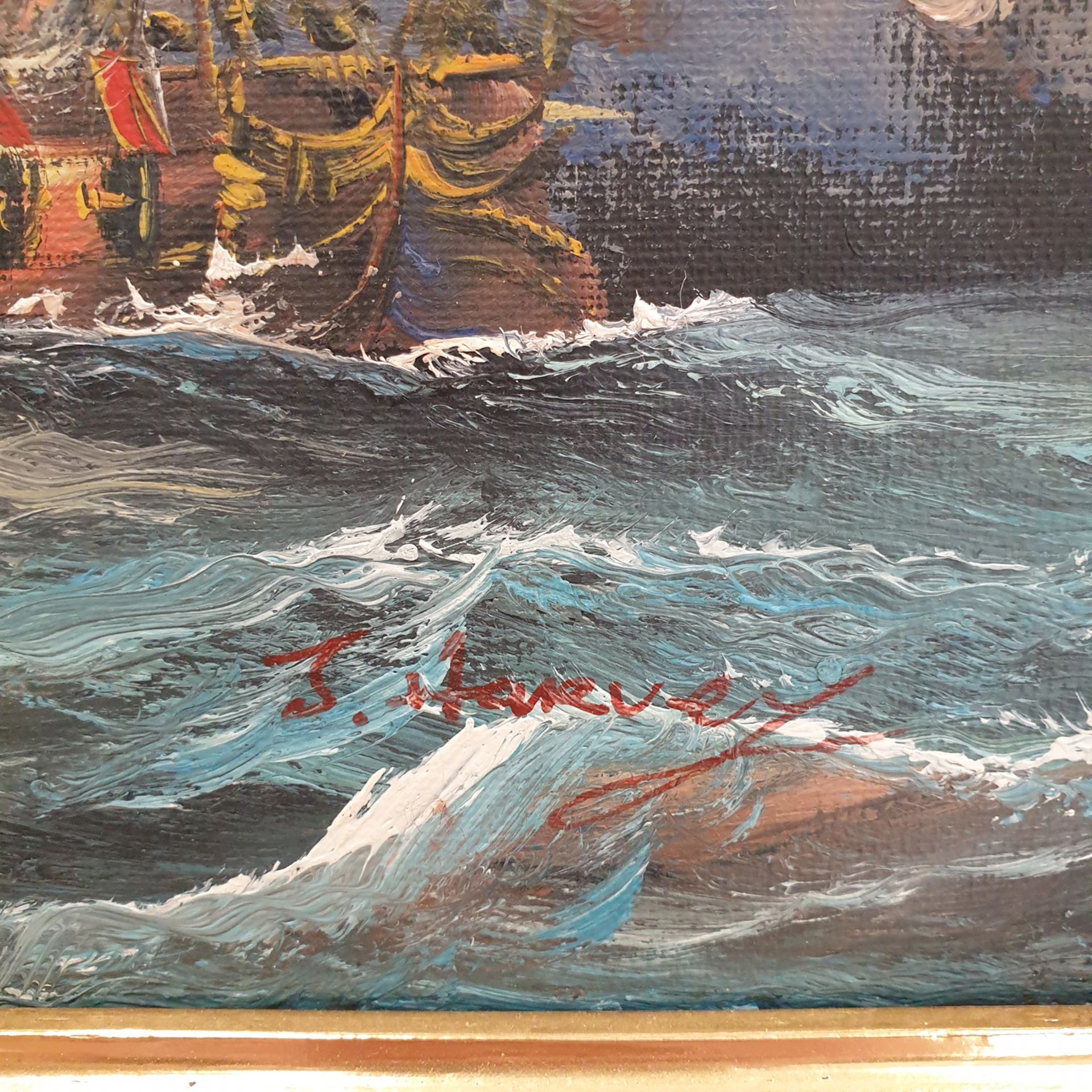 Oil Painted Canvass of Galleons Signed 'J Harvey'. Approx Dimensions 20 1/2" x 17". - Image 3 of 4