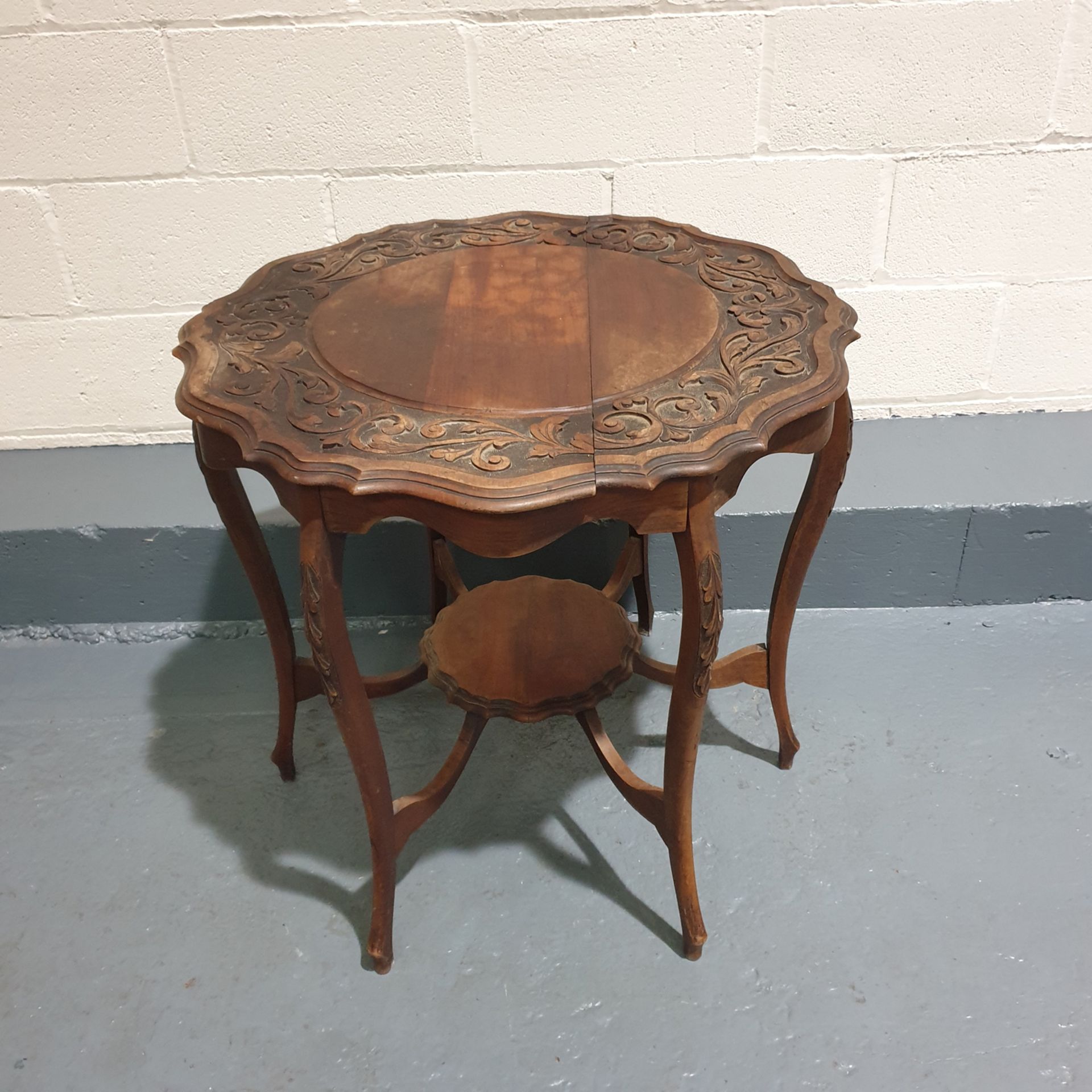 Wooden Round Coffee Table. Embellished Edging. 28" High. 30" Diameter.