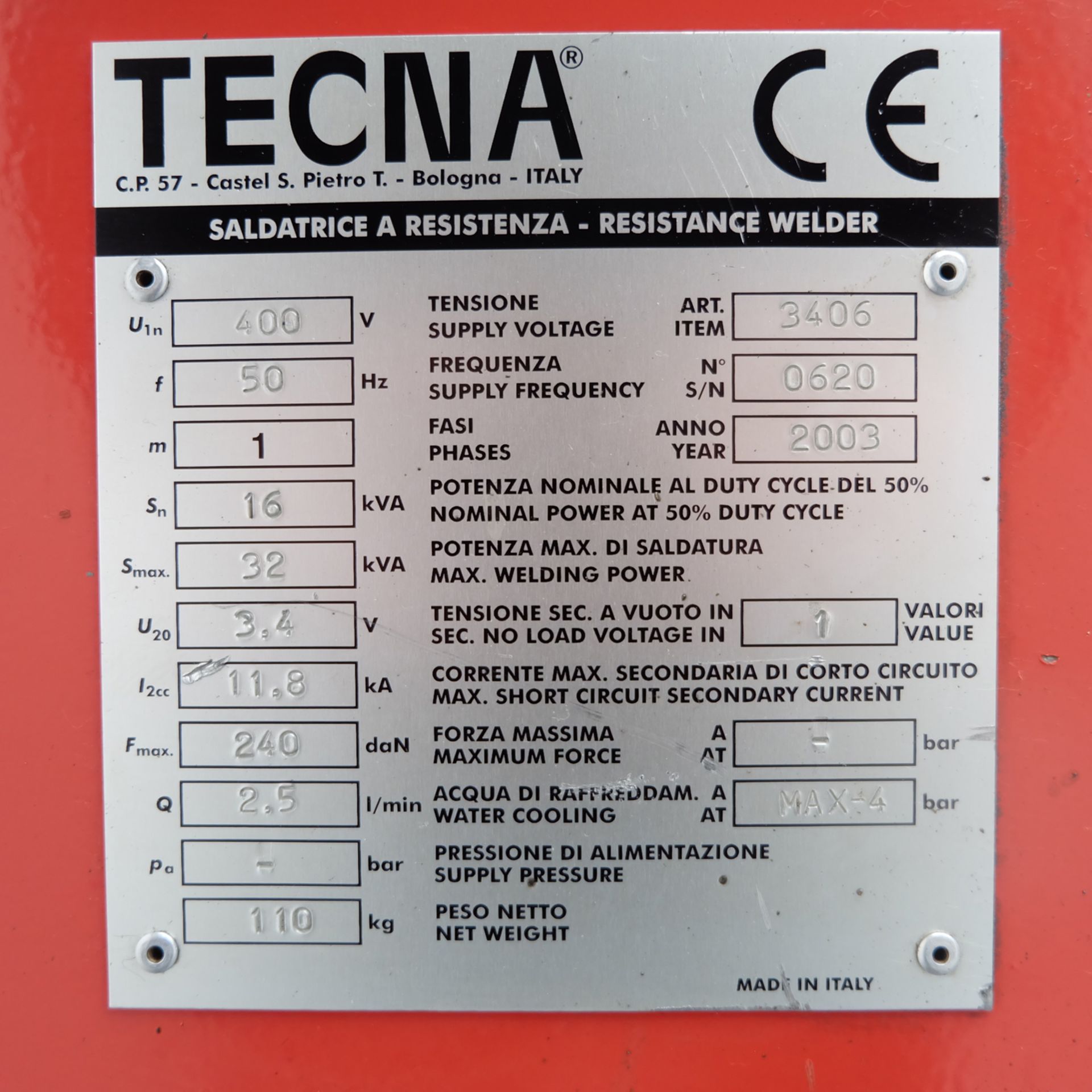 Tecna Resistance Welder. Supply Voltage 400v. Supply Frequency 50Hz. Single Phase. - Image 5 of 6