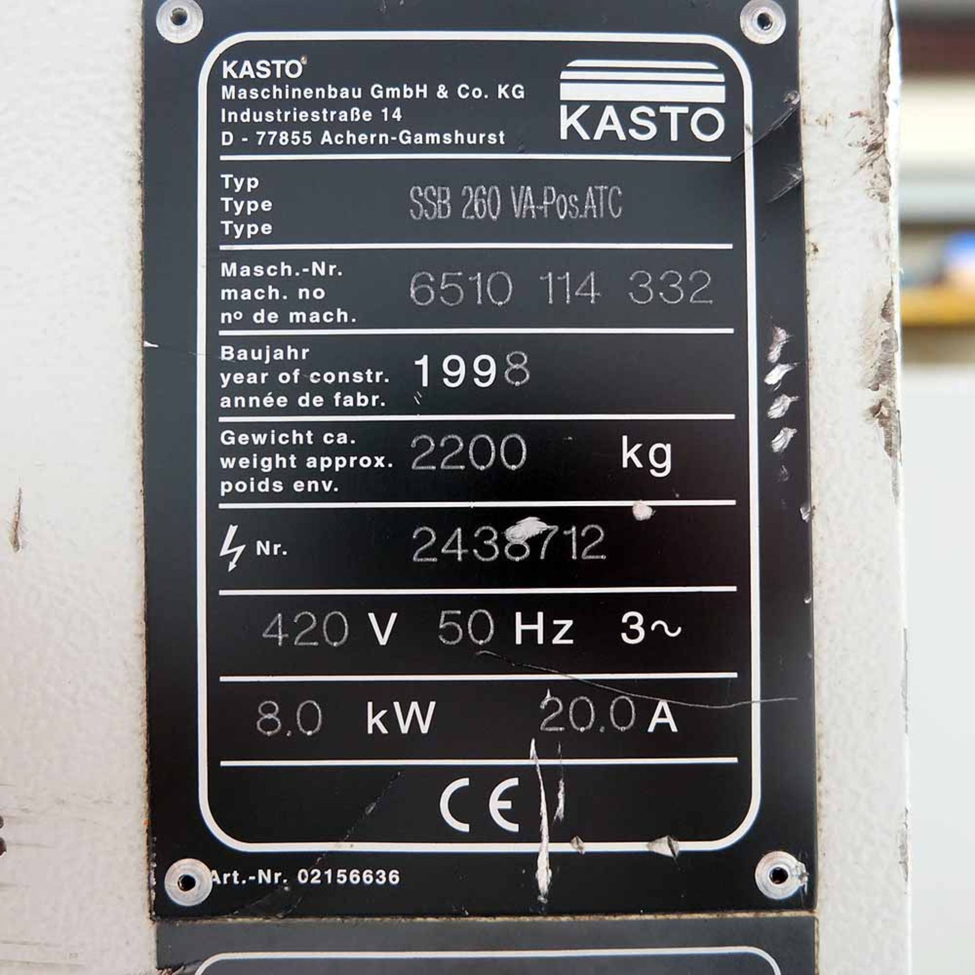 Kasto Type SSB 260 VA-POS.ATC. Fully Automatic Vertical Bandsaw. - Image 13 of 14