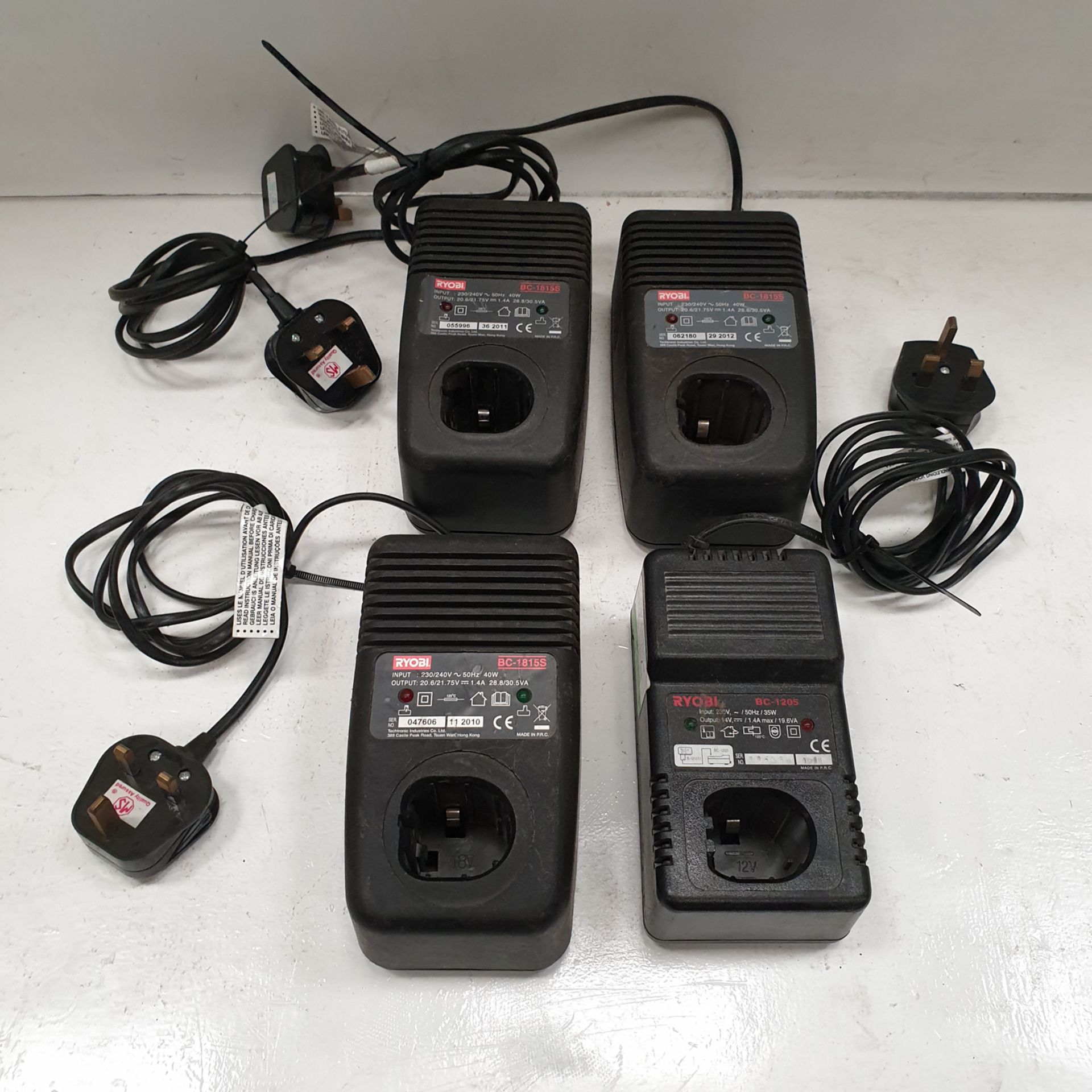 3 x RYOBI BC-1815S 18 Volt Battery Chargers. 1 x RYOBI BC-1205 12 Volt Battery Charger.