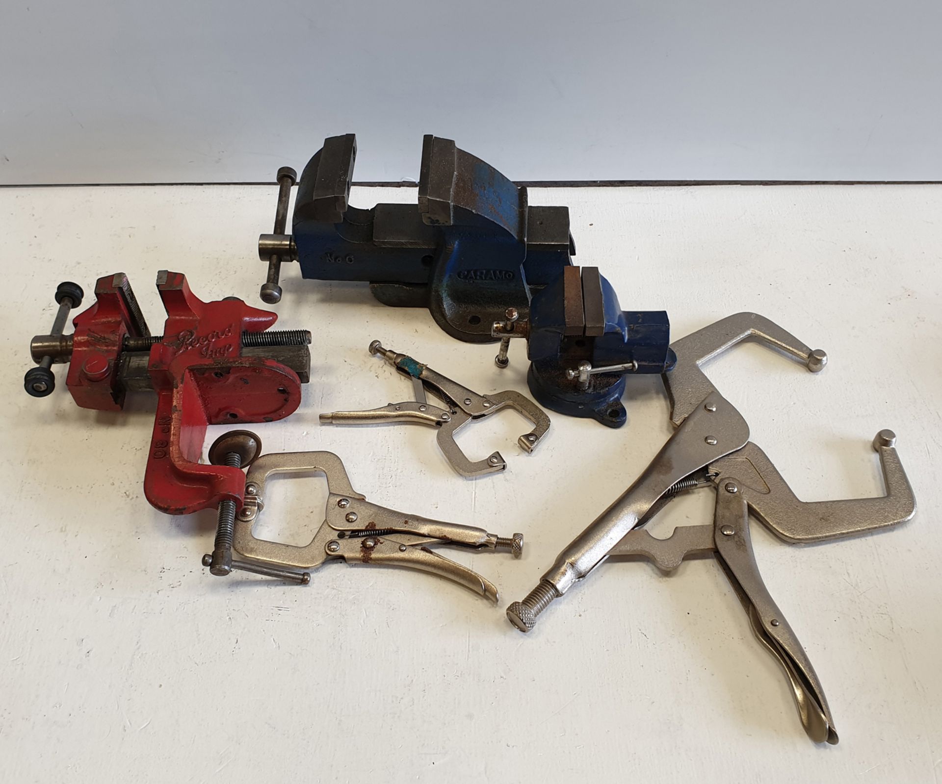 Selection of Bench Vices and C Clamp Grip Wrenches.