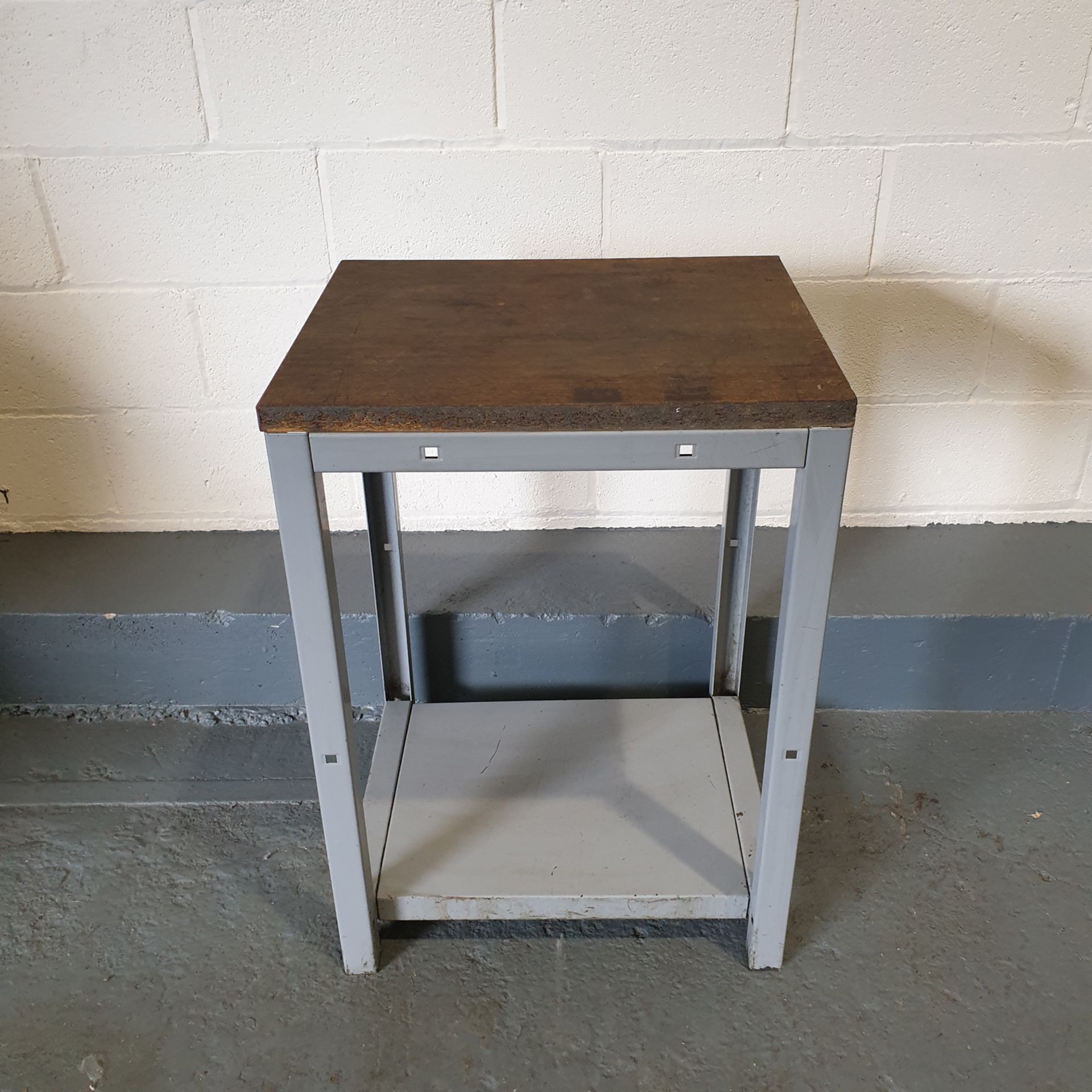 Steel Table with wood Surface. Approx Dimensions 600mm x 500mm x 830mm High.