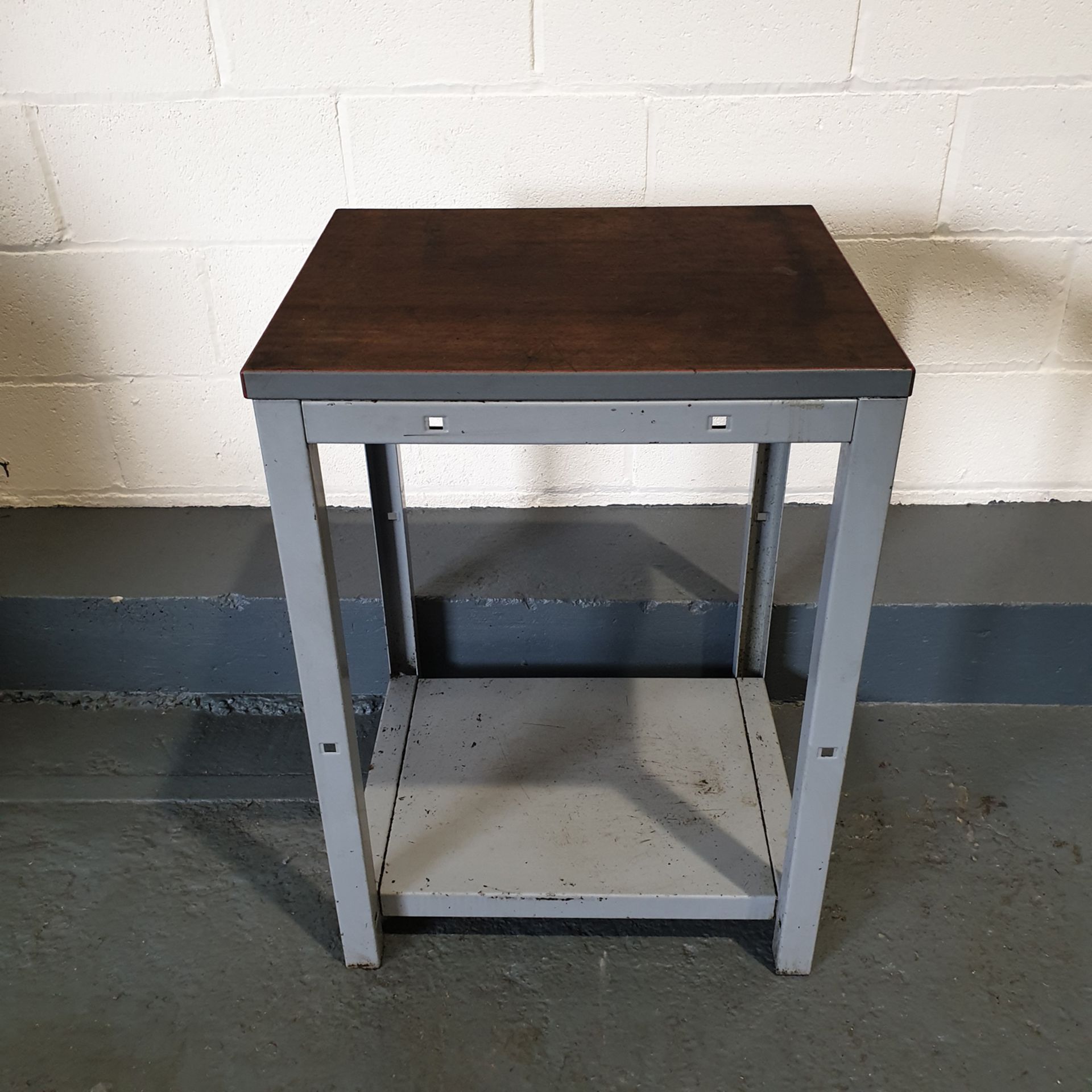 Steel Table with wood Surface. Approx Dimensions 600mm x 500mm x 830mm High.