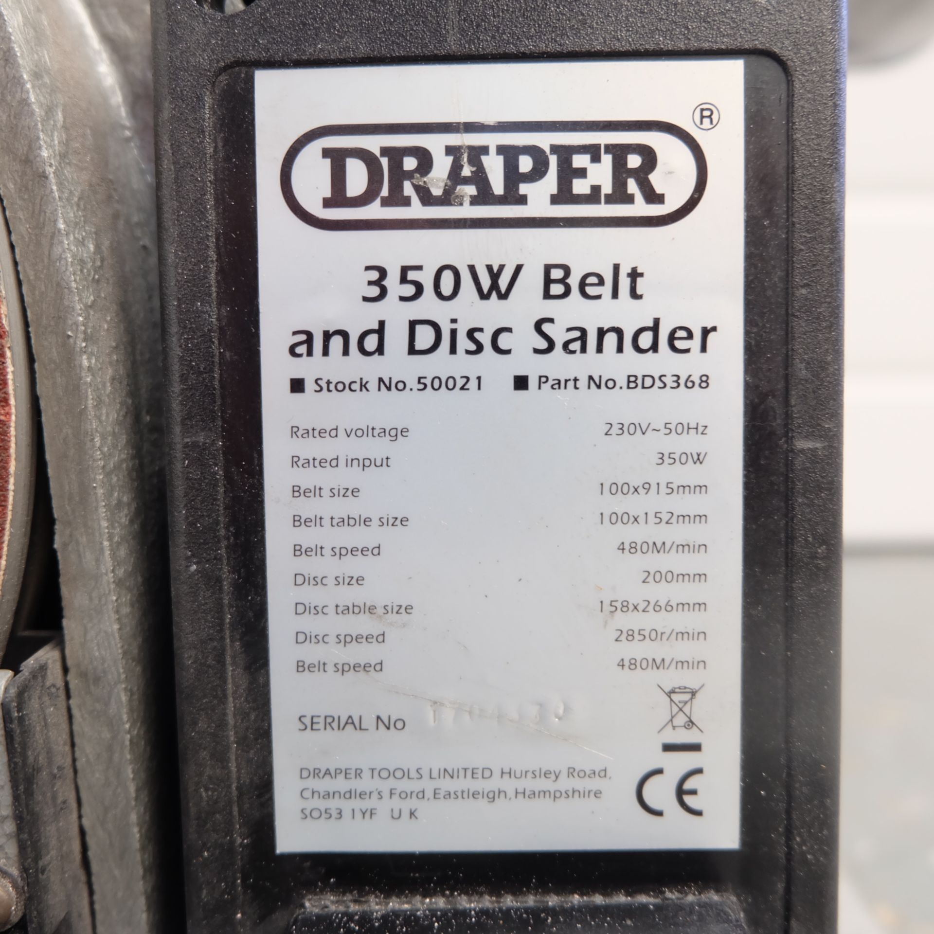 Two Draper 350W Belt and Disc Sanders. Spares or Repairs. - Image 5 of 5