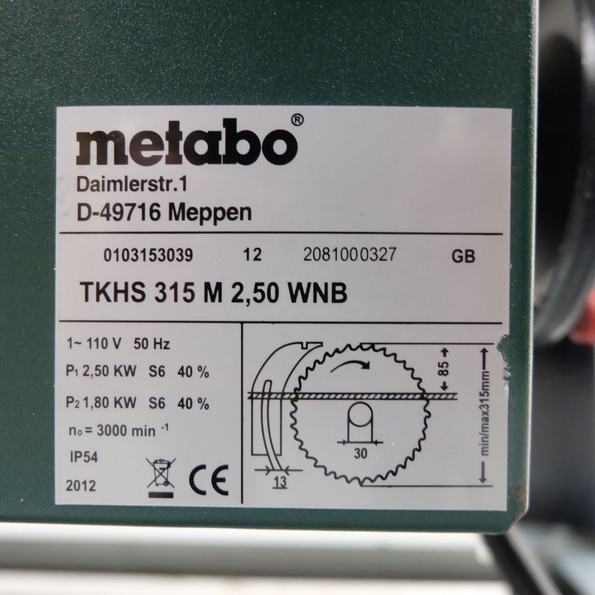 Metabo Model TKHS 315M. Woodworking Table Saw. - Image 5 of 9