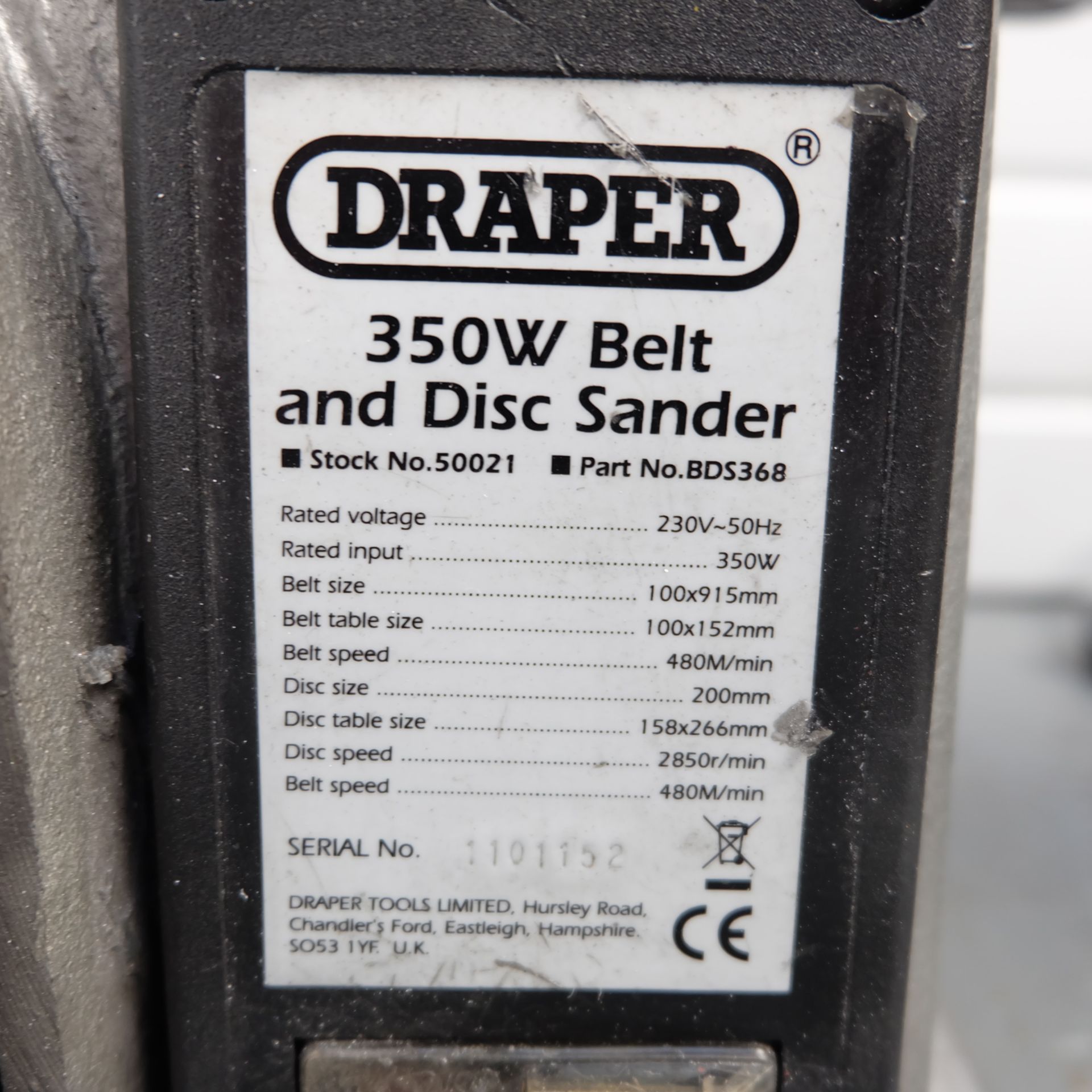 Two Draper 350W Belt and Disc Sanders. Spares or Repairs. - Image 3 of 5