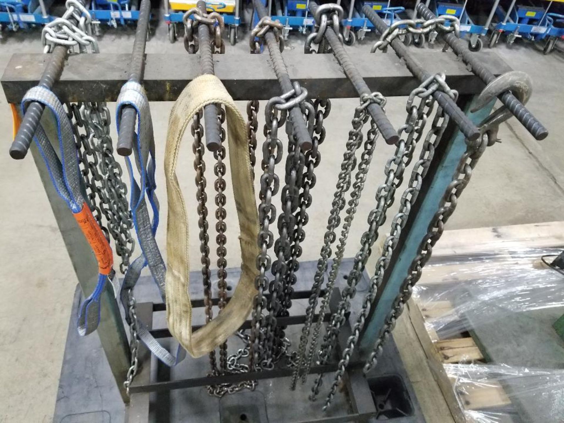 Chain-fall / straps rack, includes chains and lifting straps as pictured. - Image 3 of 4