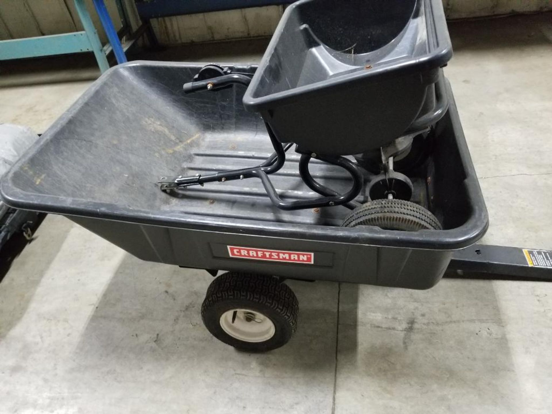 Qty 2 - Assorted lawn equipment. Spreader and wheel barrel. - Image 3 of 6