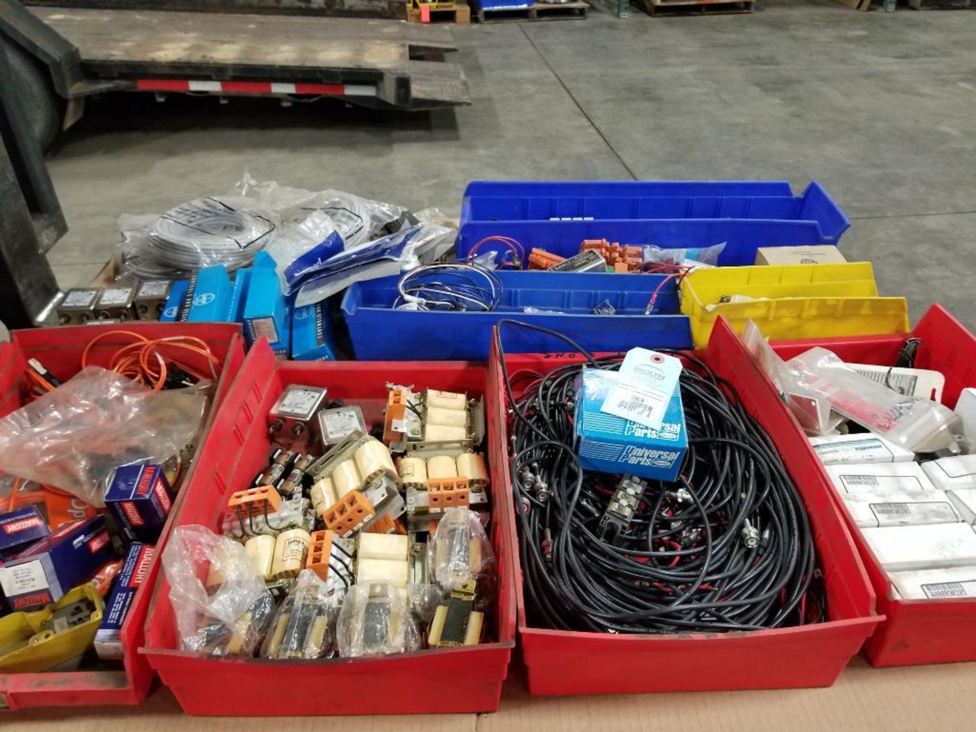 Pallet of assorted electrical. Cordsets, transformer, capacitor.