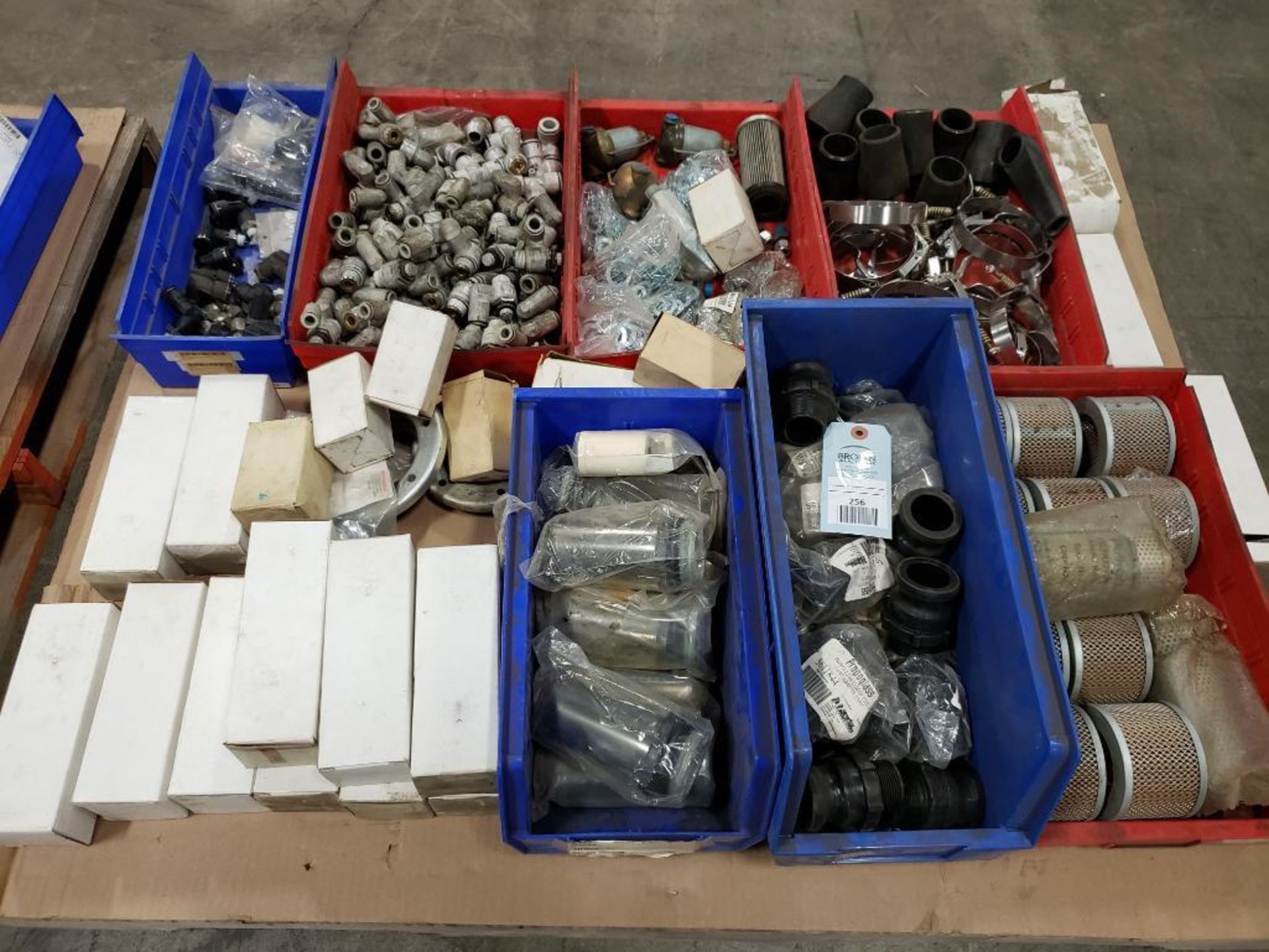 Pallet of assorted air line equipment. Filters, bowls, fittings, clamps.