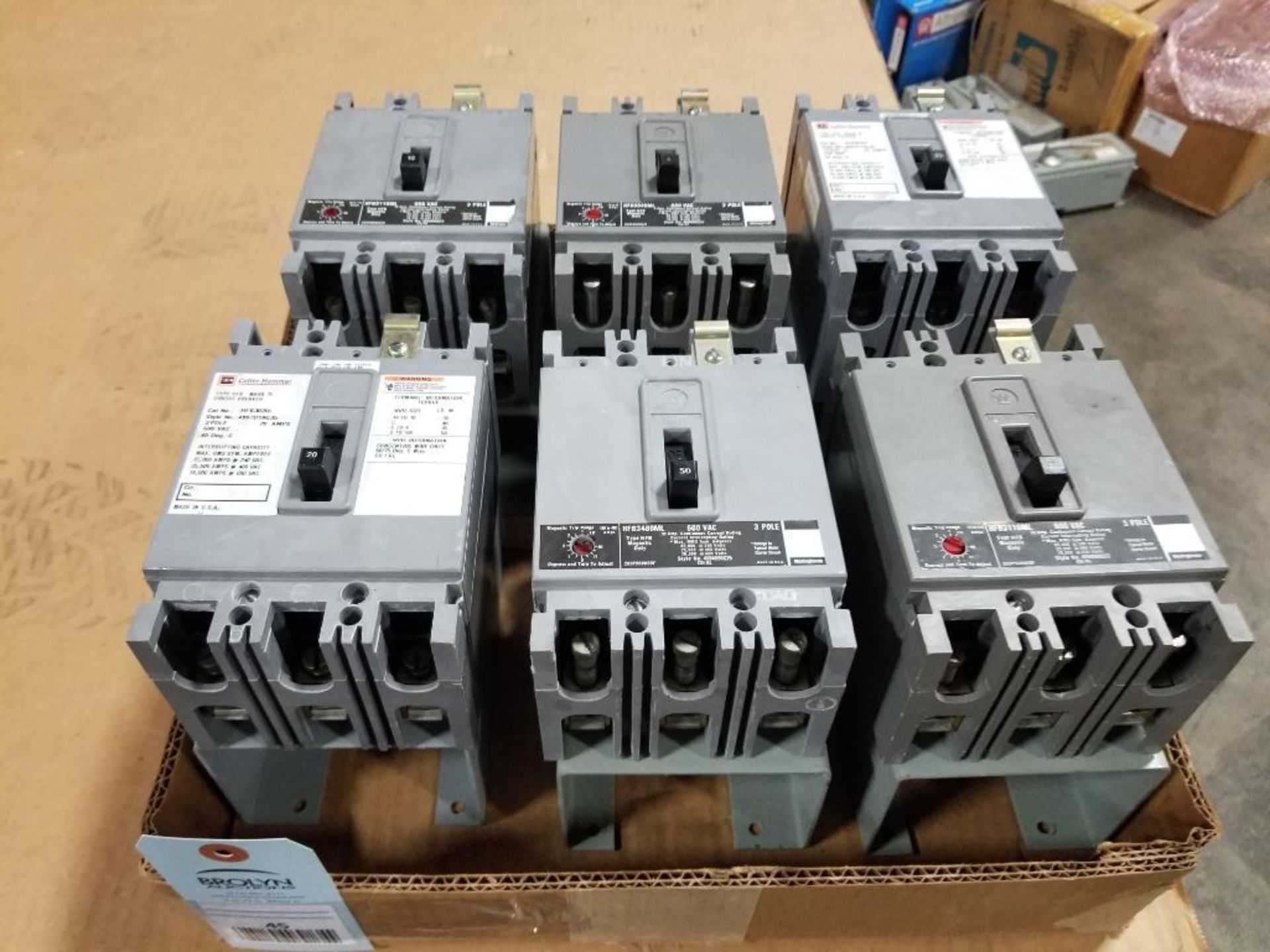 Qty 6 - Assorted molded case breaker. Westinghouse, Cutler Hammer.