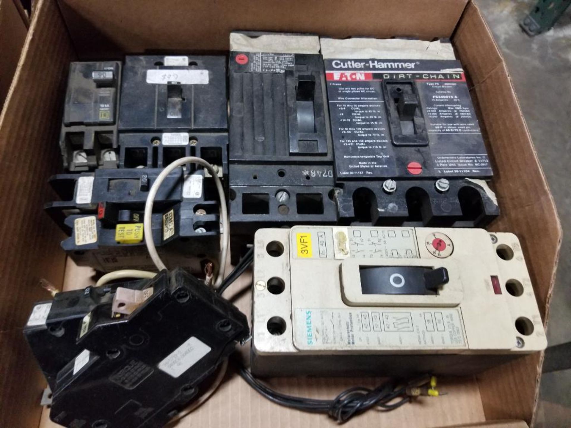 Assorted electrical breakers. Siemens, Cutler Hammer, Square-D.