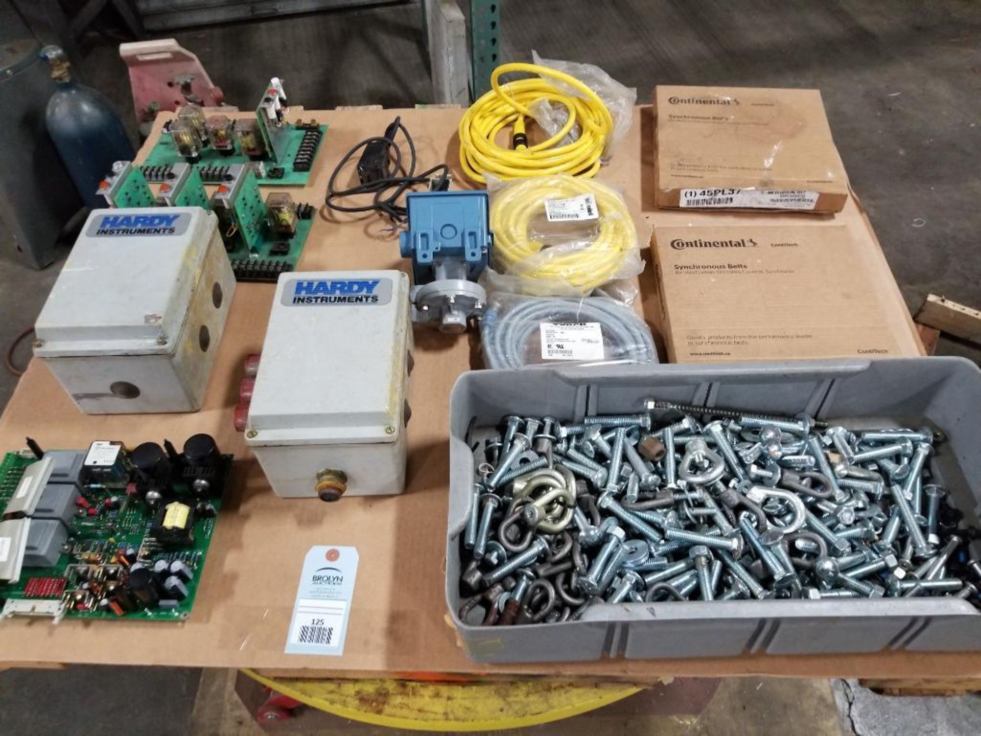 Pallet of assorted electrical and hardware. Continentals, Hardy Instruments, Brad Connectivity.
