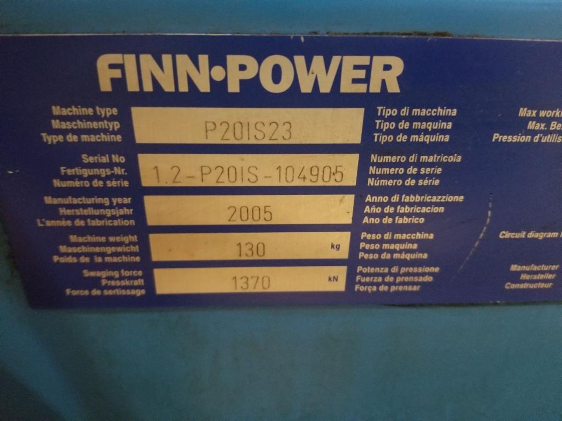 Finn-Power hydraulic swaging crimping machine. Model P20, Part number P20IS23. Mfg date 2005. - Image 13 of 16