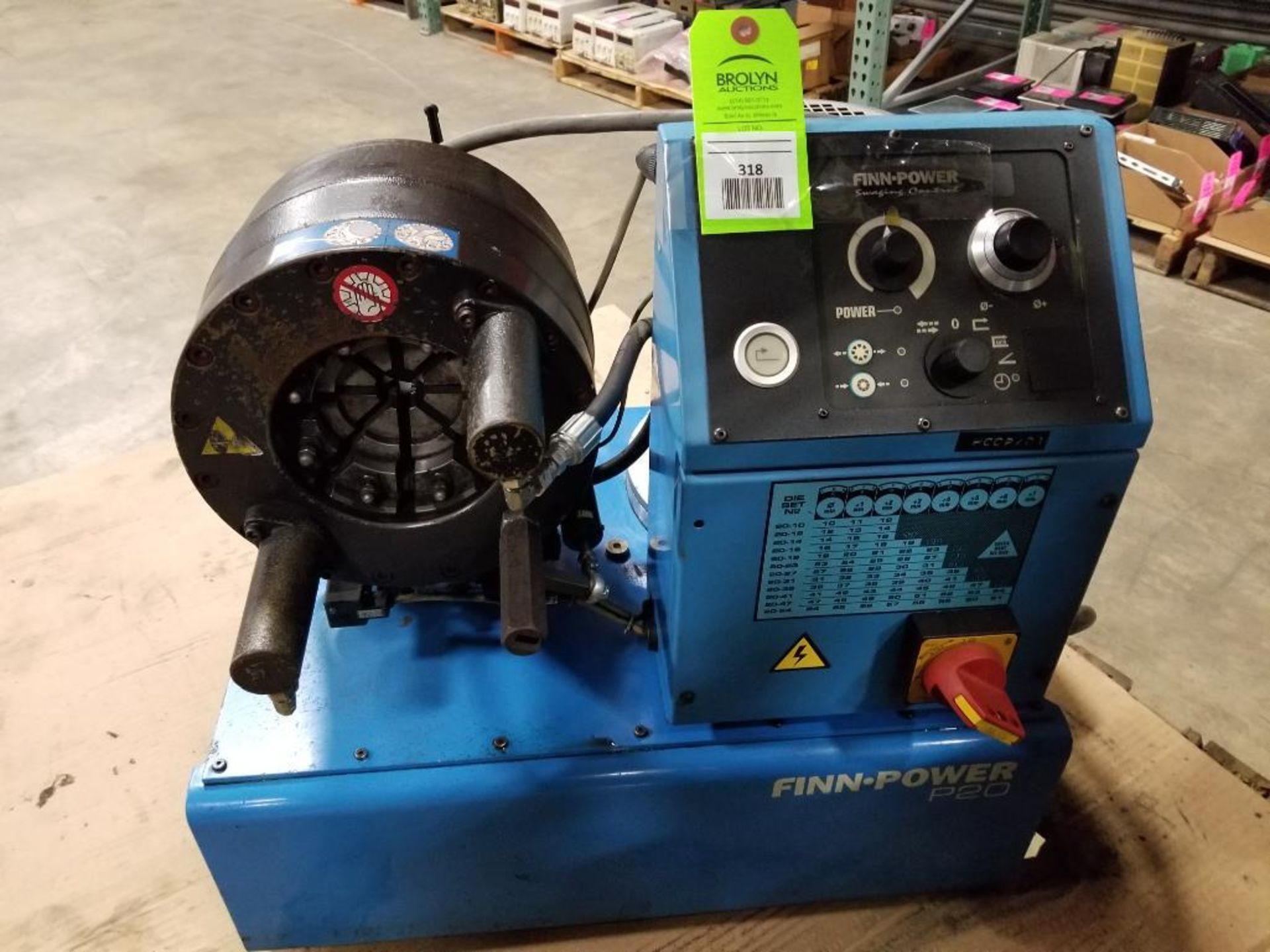 Finn-Power hydraulic swaging crimping machine. Model P20, Part number P20IS23. Mfg date 2005.
