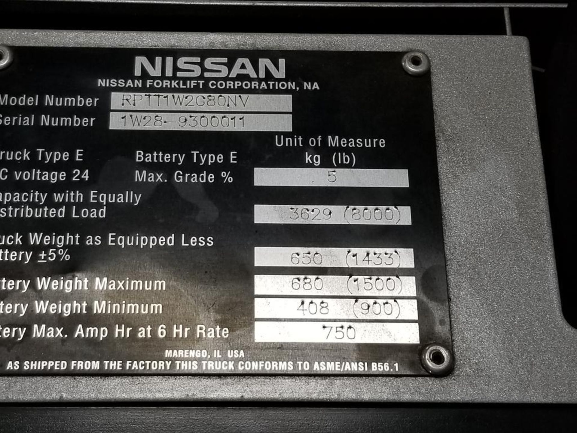 Nissan RPTT1W2G80NV Walk behind power jack. 8000LB cap, 750AH battery. 2-Pallet length forks. - Image 7 of 16