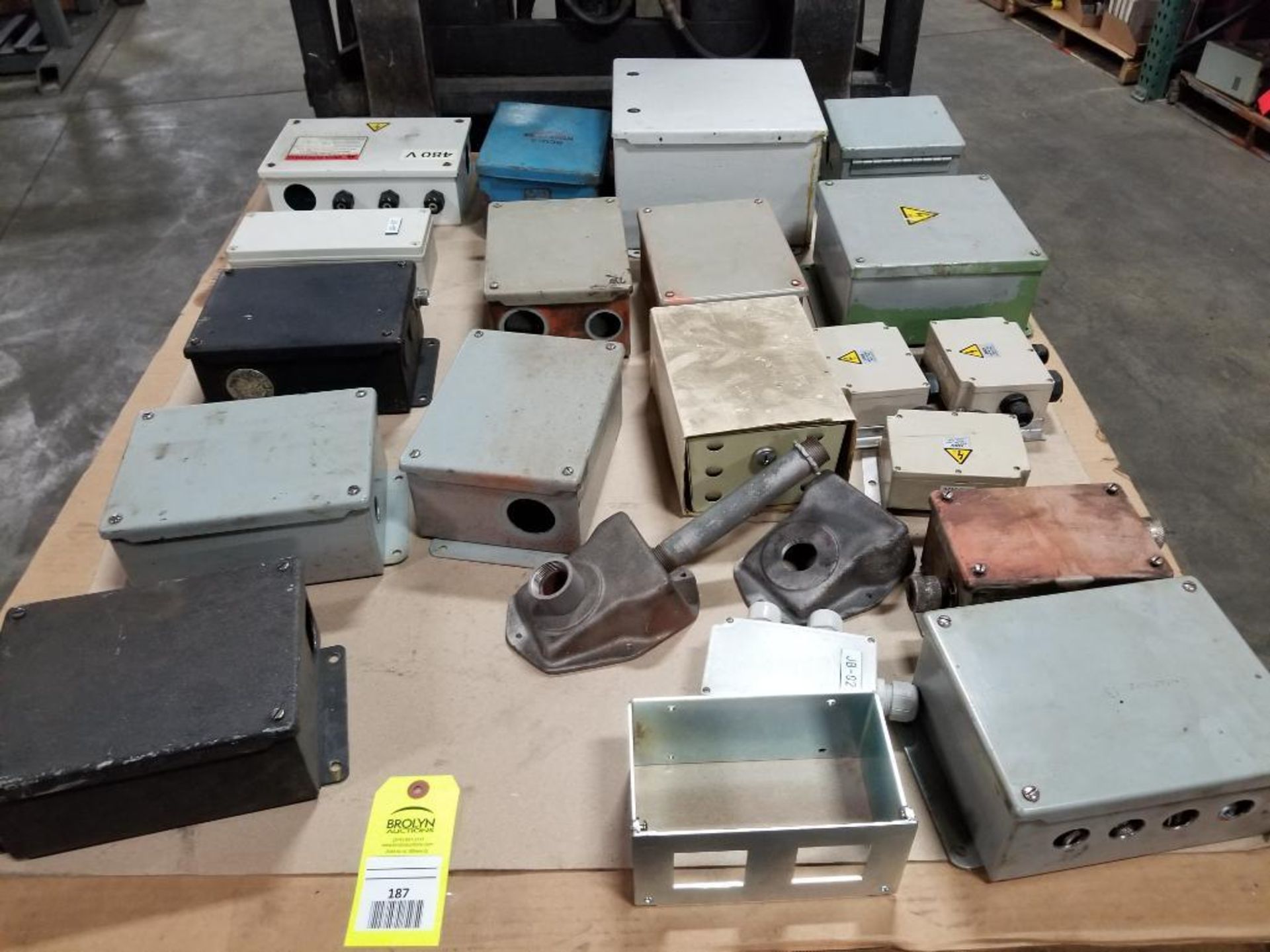 Pallet of assorted electrical conduit boxes.