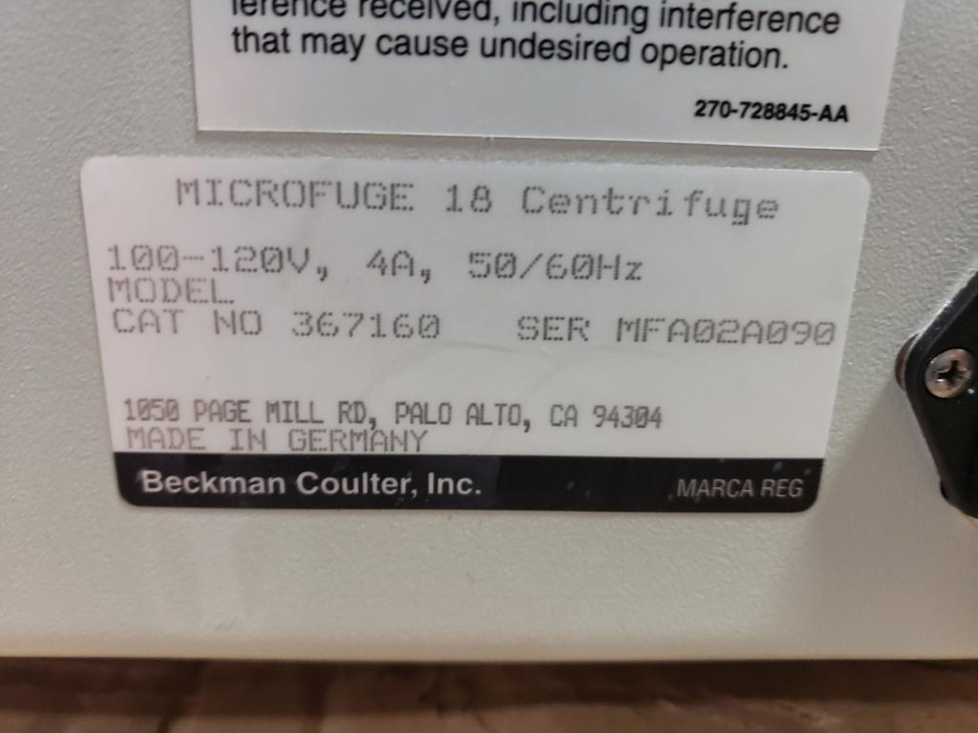 Beckman Coulter Microfuge 18 Centrifuge. 367160. S/N: MFA02A090. - Image 5 of 6