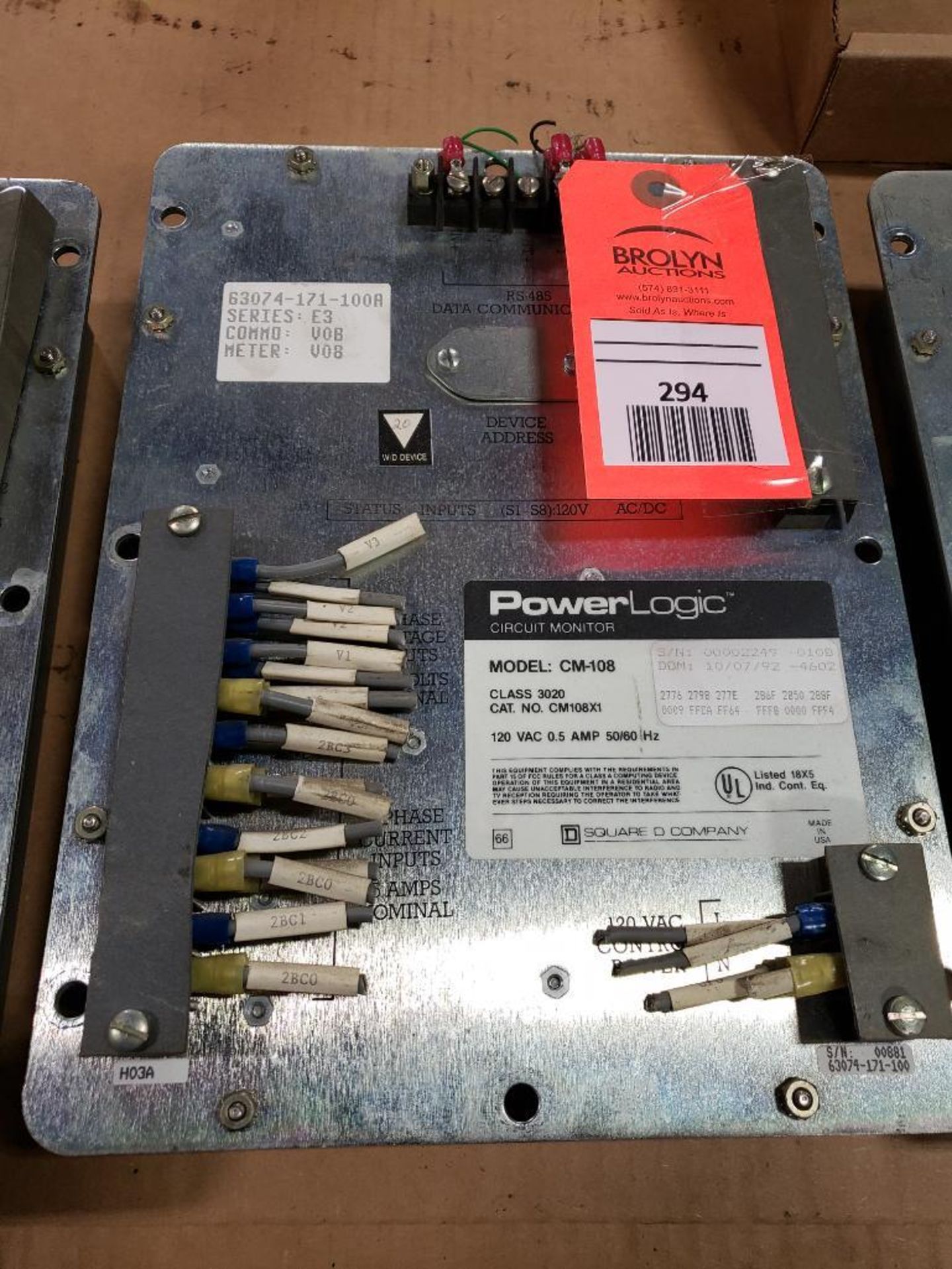 Square-D PowerLogic circuit monitor. Model: CM-108, Cat. No.: CM108X1, Class 3020. - Image 5 of 5