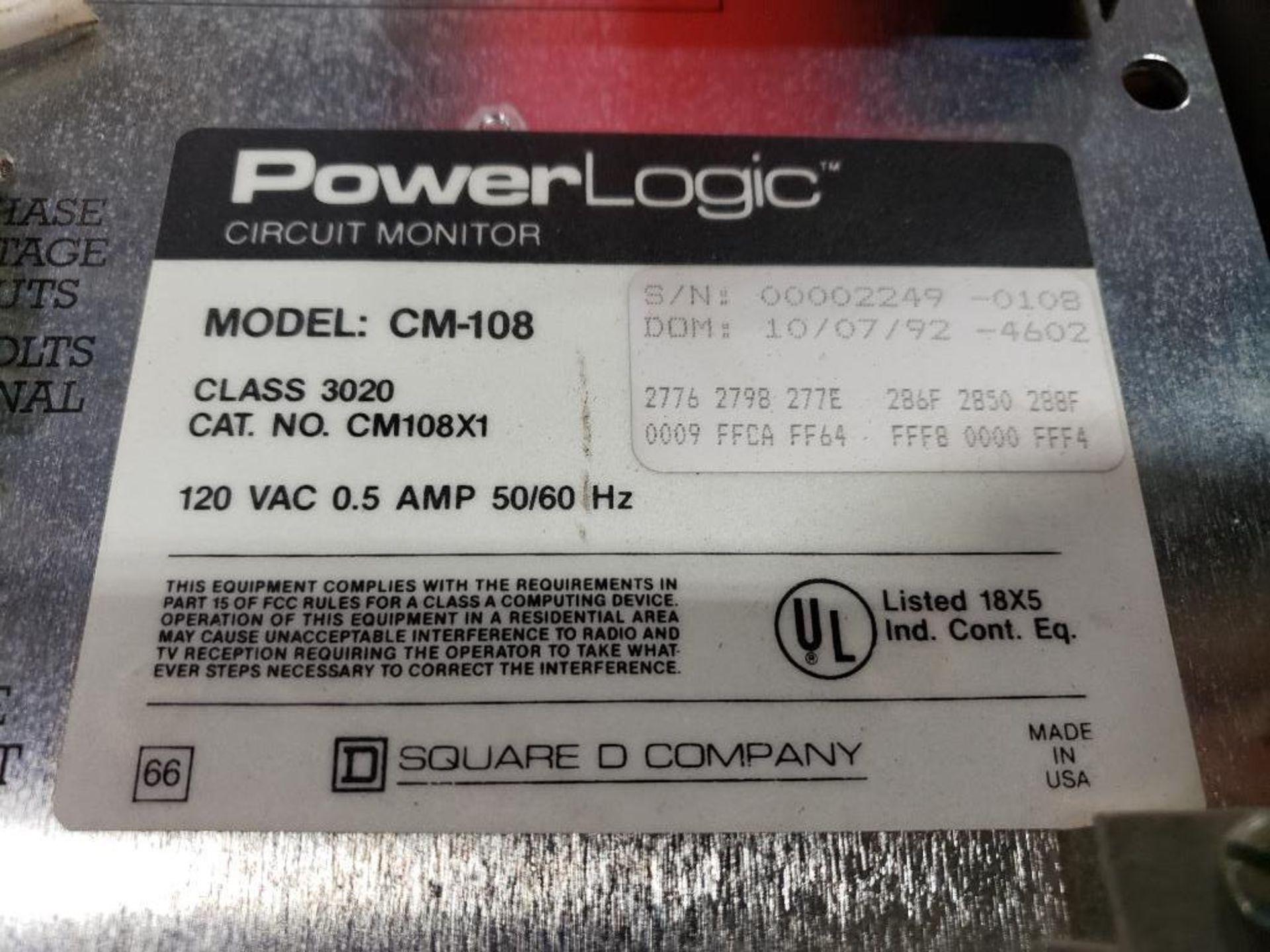 Square-D PowerLogic circuit monitor. Model: CM-108, Cat. No.: CM108X1, Class 3020. - Image 2 of 5