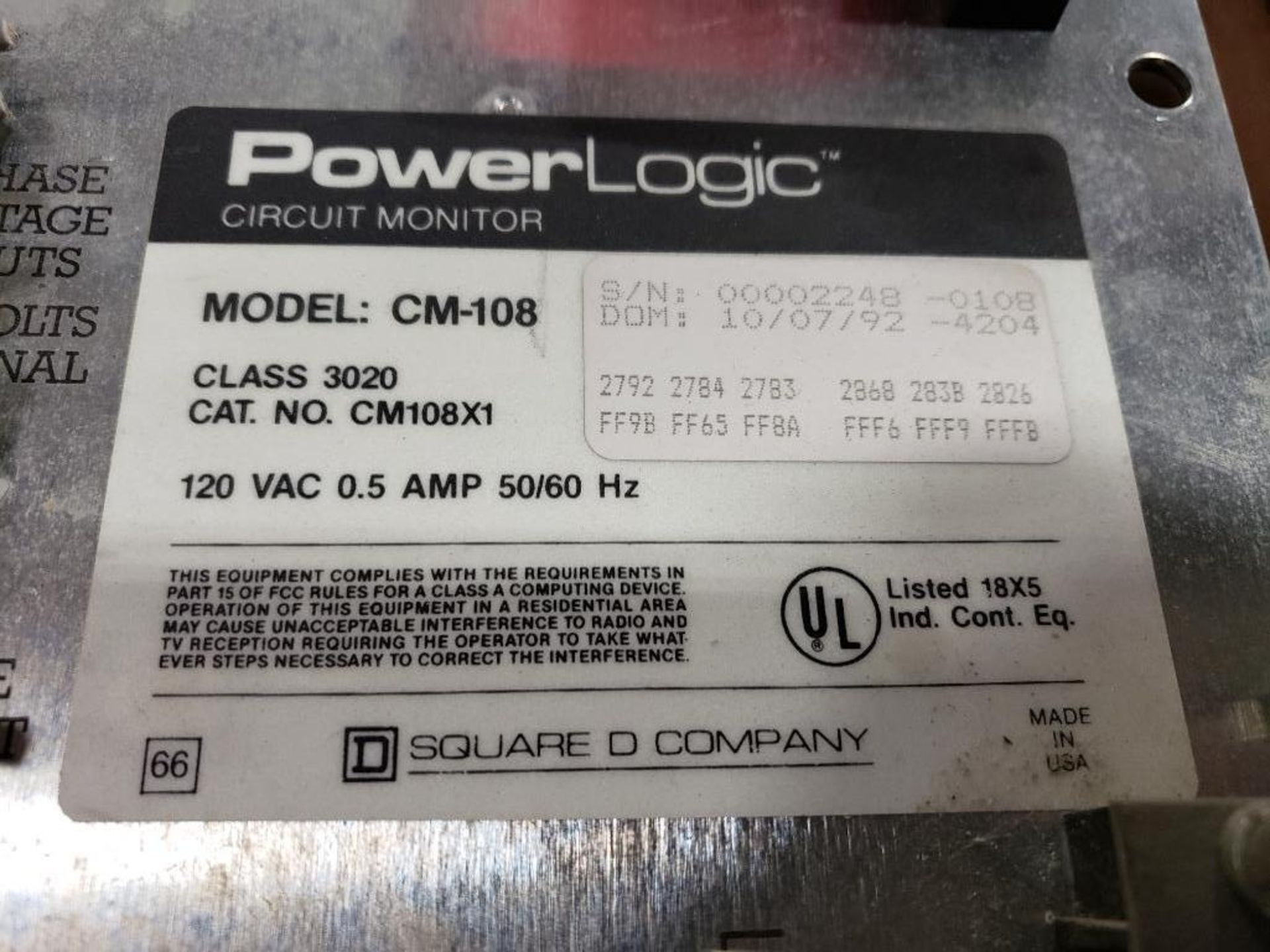 Square-D PowerLogic circuit monitor. Model: CM-108, Cat. No.: CM108X1, Class 3020. - Image 2 of 4