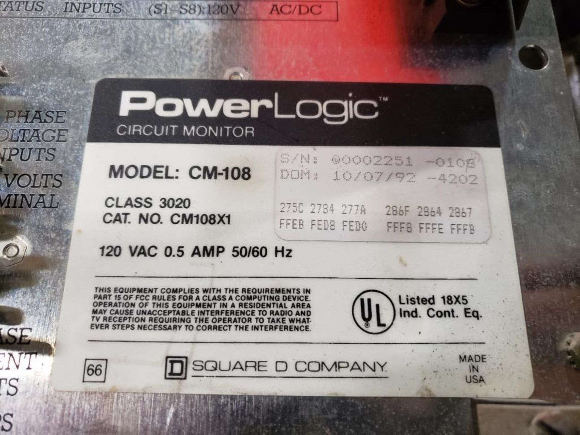 Square-D PowerLogic circuit monitor. Model: CM-108, Cat. No.: CM108X1, Class 3020. - Image 2 of 5