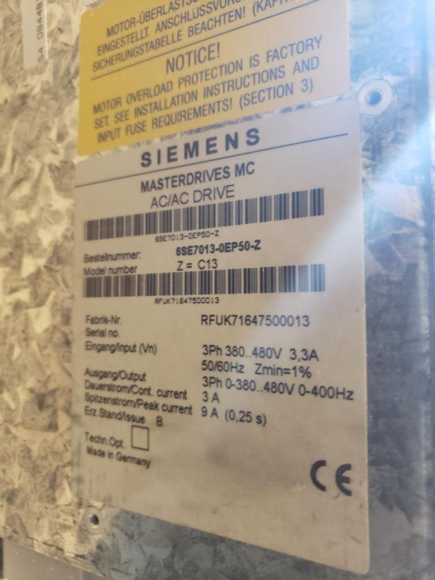 Siemens Masterdrives MC DC/AC drive. 6SE7013-0EP50-Z.. - Image 5 of 5