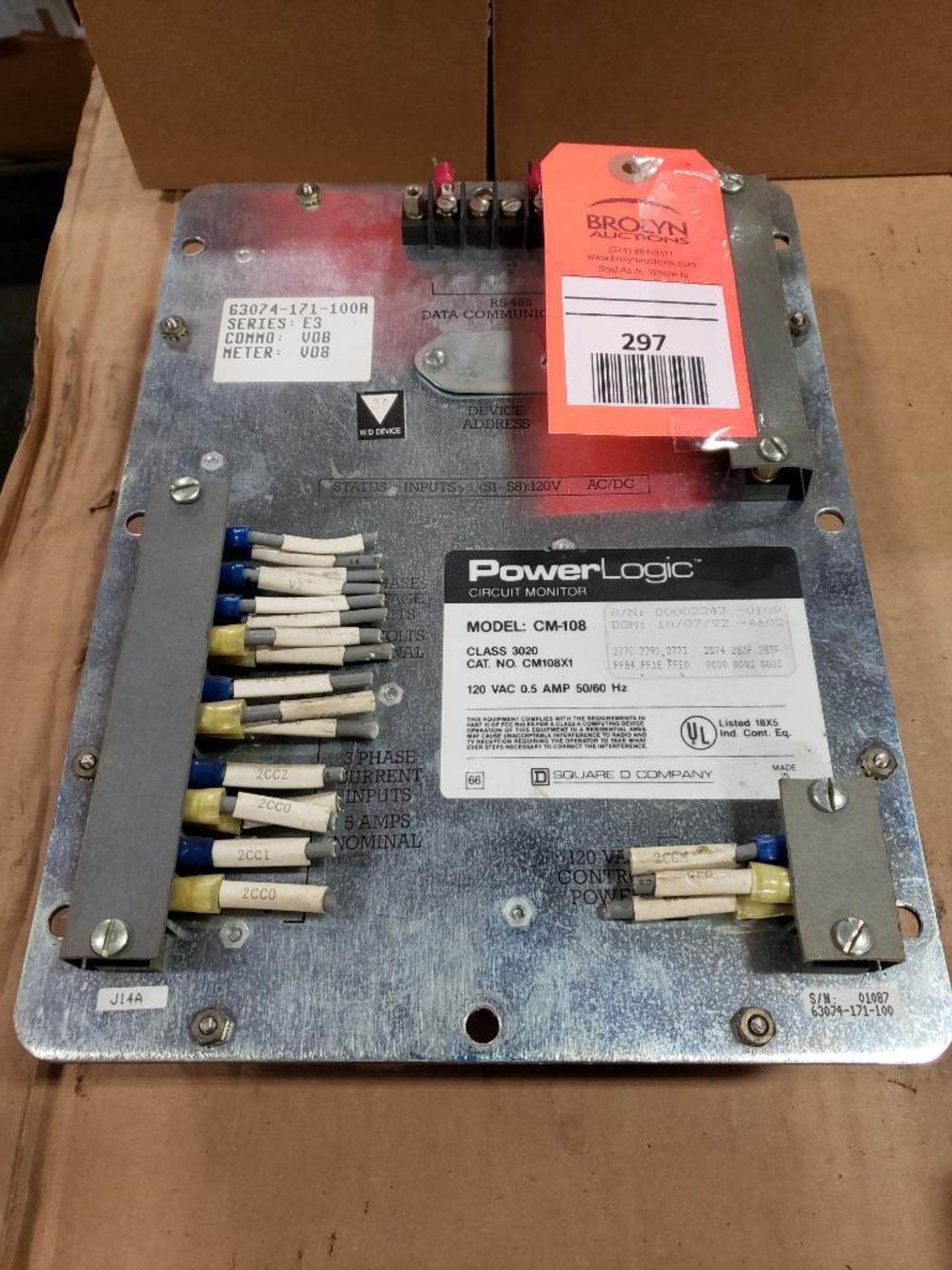 Square-D PowerLogic circuit monitor. Model: CM-108, Cat. No.: CM108X1, Class 3020. - Image 4 of 4