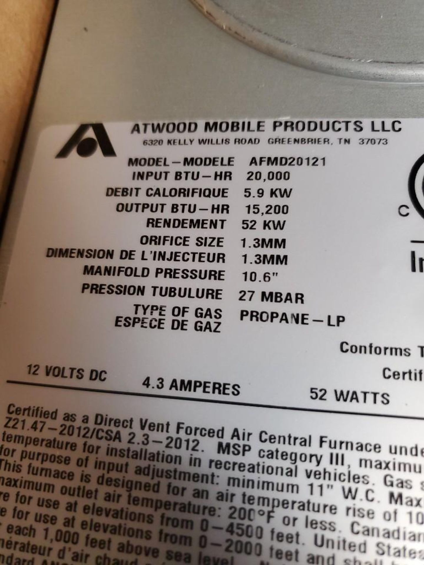 Qty 4 - Atwood Mobile Products RV furnace. Mod AFMD20121. 20,000 btu/hr. New in box. - Image 4 of 5