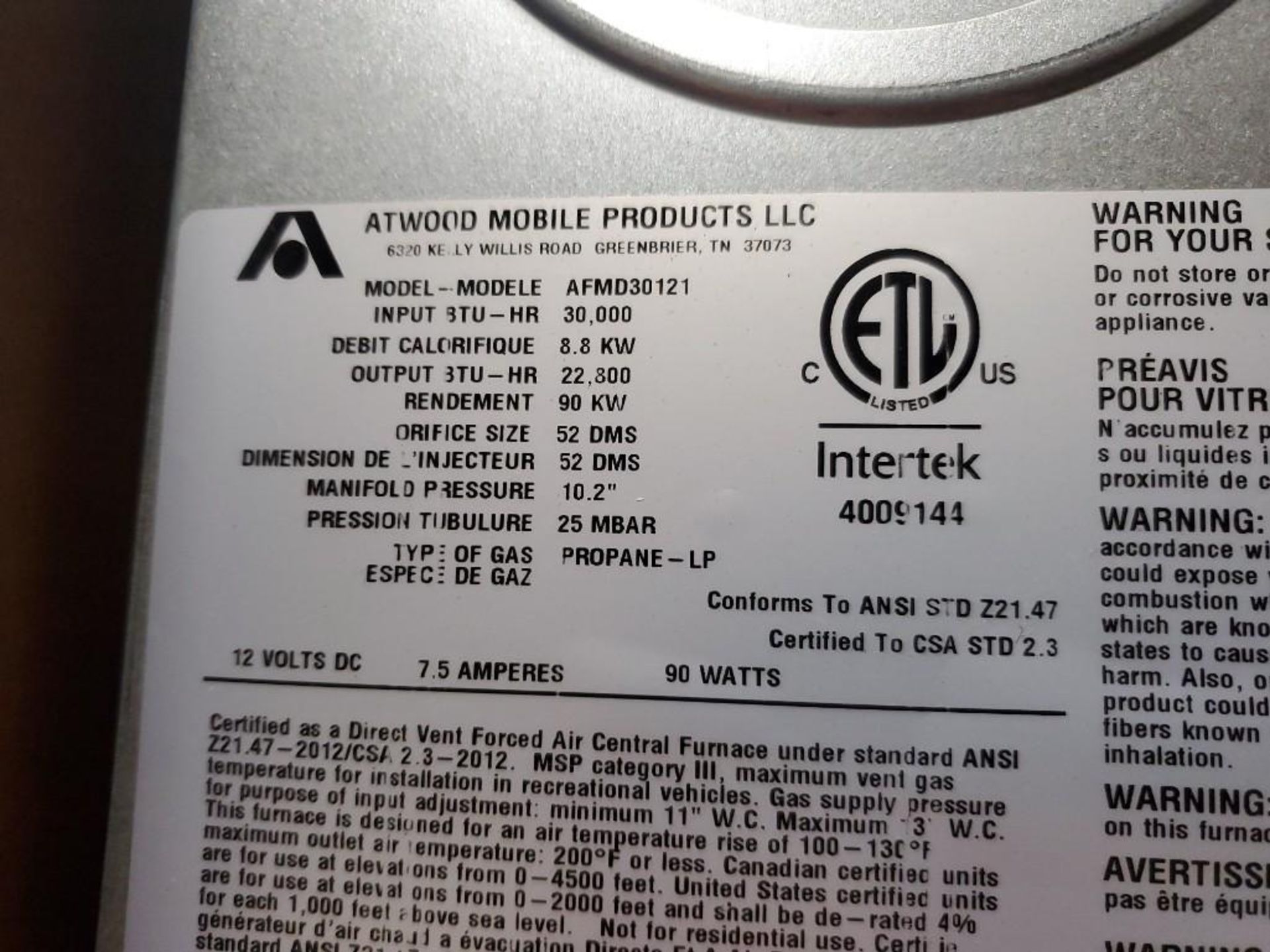 Qty 4 - Atwood Mobile Products RV furnace. Mod AFMD30121. 30,000 btu/hr. Includes stat. New in box. - Image 3 of 5