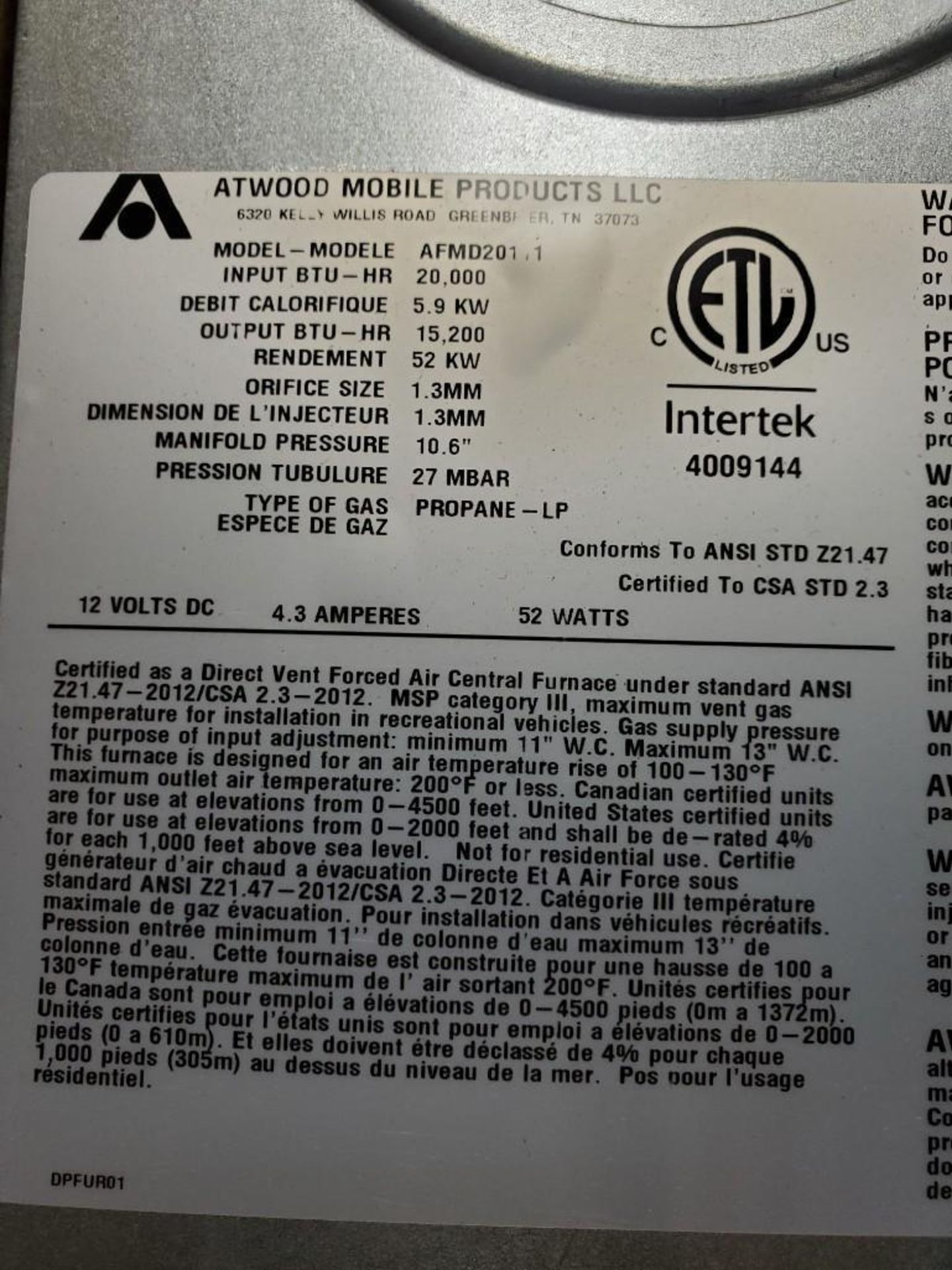 Qty 4 - Atwood Mobile Products RV furnace. Mod AFMD201.1. 20,000 btu/hr. New in box. - Image 3 of 5