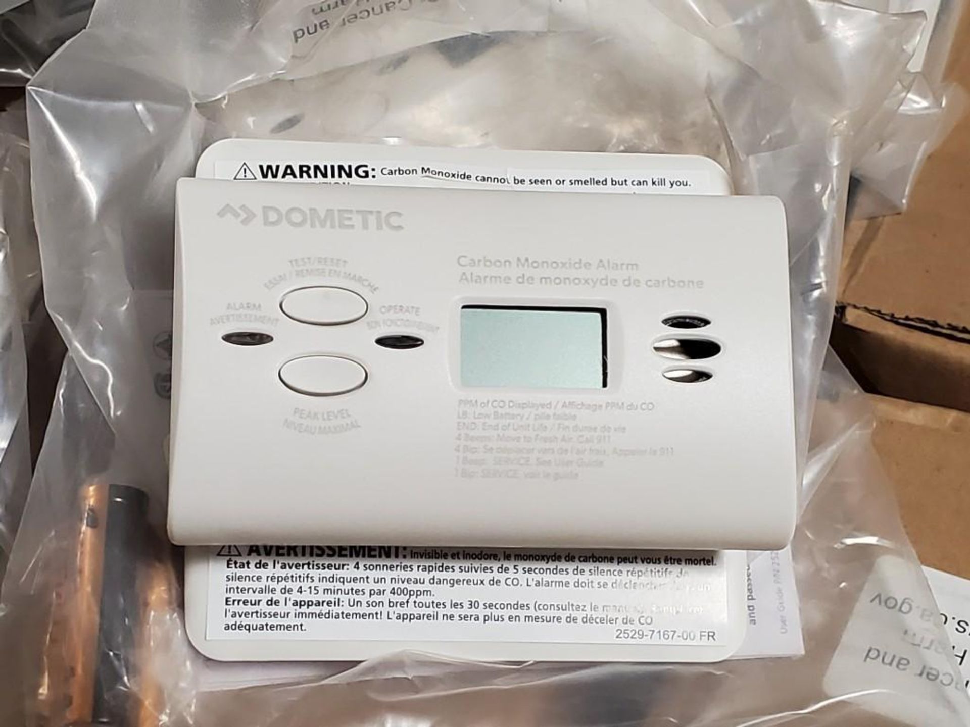 Qty 72 - Dometic Carbon Monoxide detector with LCD. Model CO-900-0140-LPM. New in bulk box.