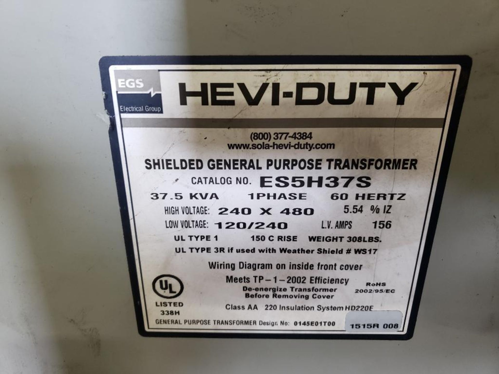 37.5kVa EGS Hevi-Duty transformer. Catalog ES5H37S. - Image 2 of 3