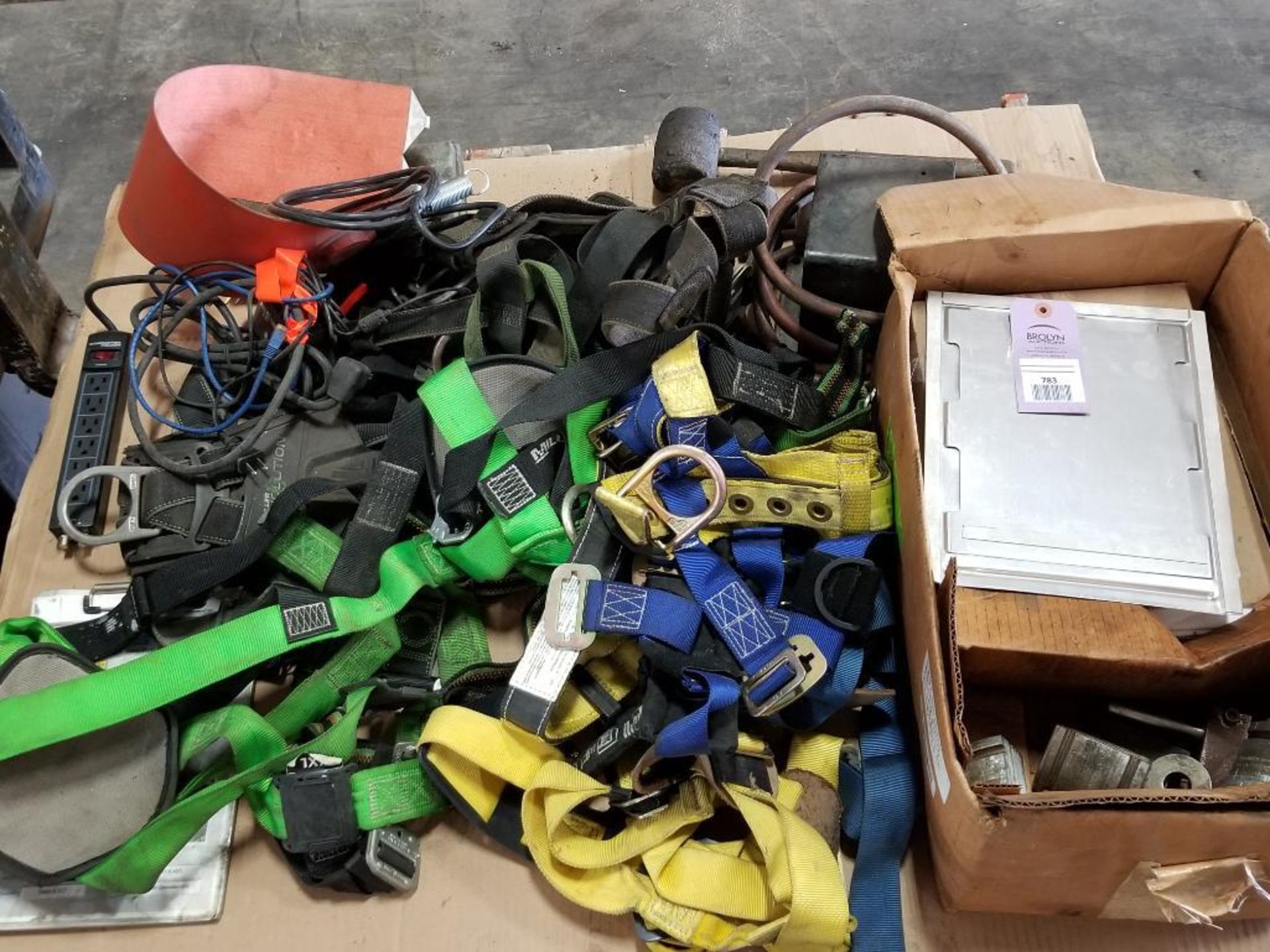 Assorted shop equipment pulling harness, foot petal, hammers, electric cord.