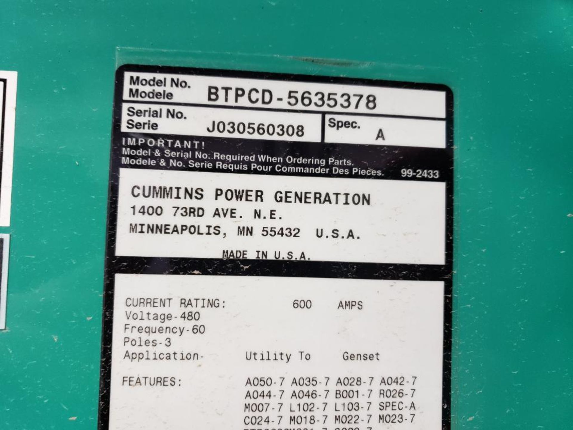 Power Generation PowerCommand Transfer Switch. BTPCD-5635378, 600 AMPS. - Image 10 of 10
