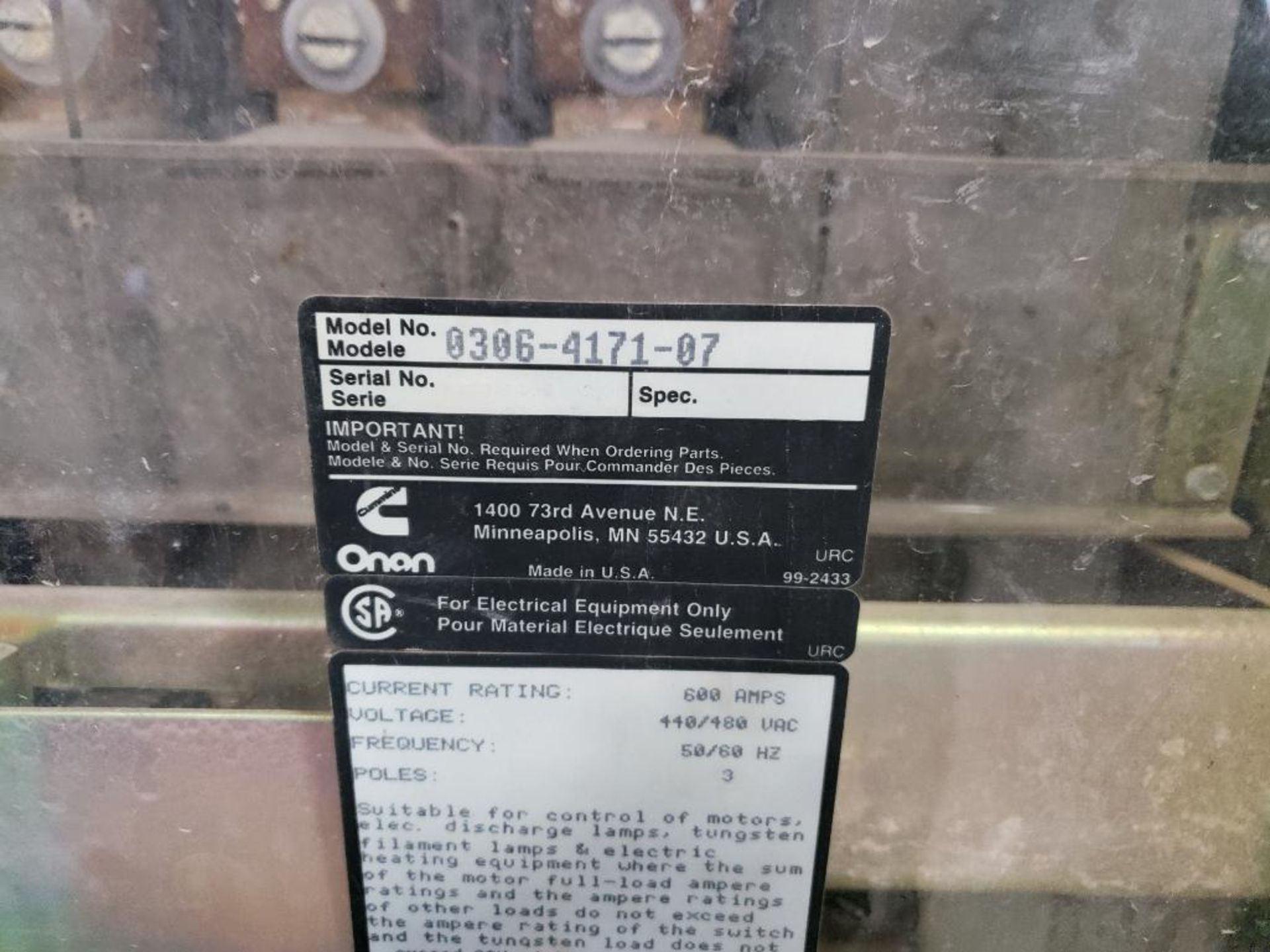 Power Generation PowerCommand Transfer Switch. BTPCD-5635378, 600 AMPS. - Image 7 of 10