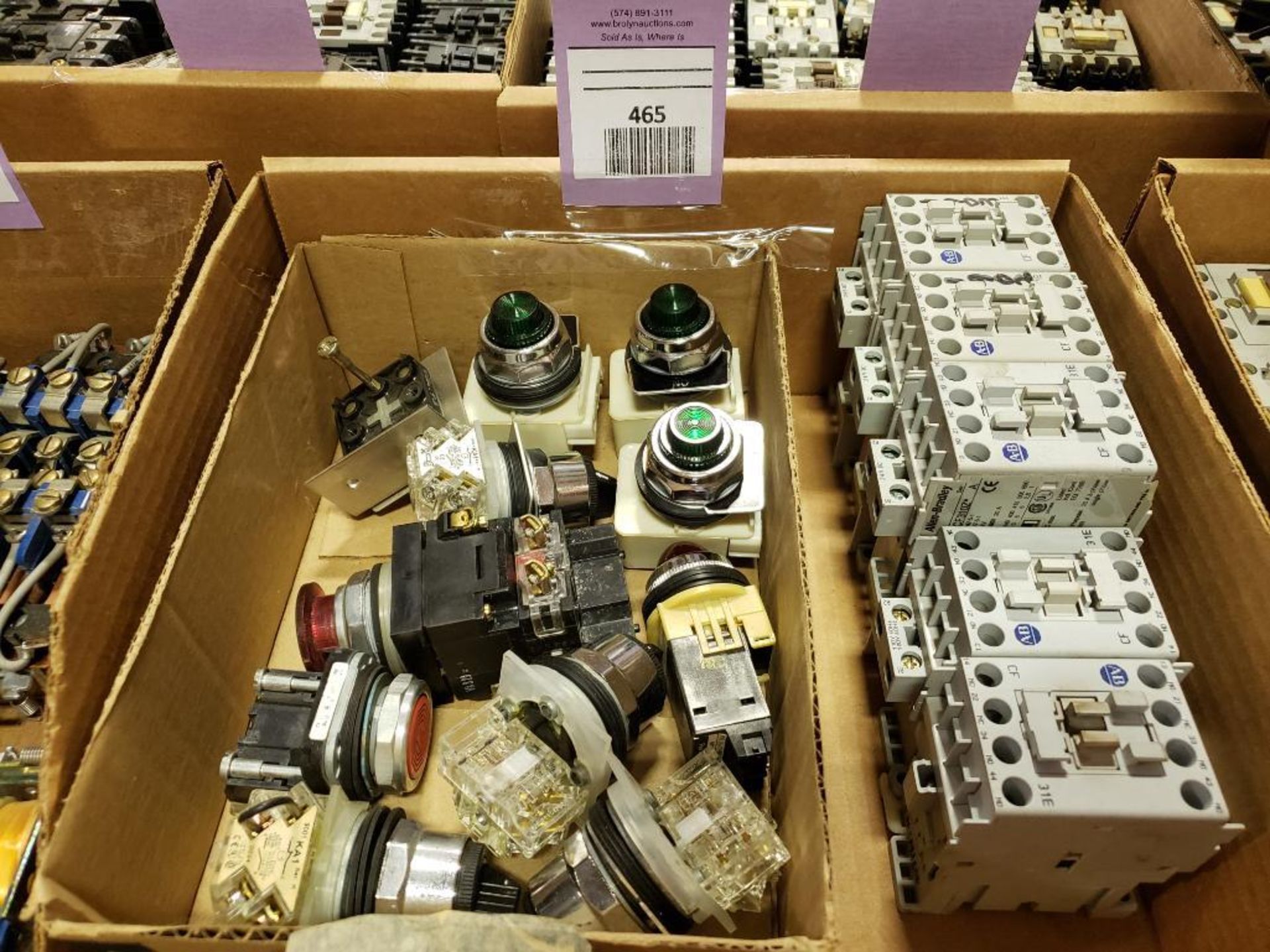 Assorted electrical contactor, push buttons, selector switches, indicator lights. Allen Bradley.