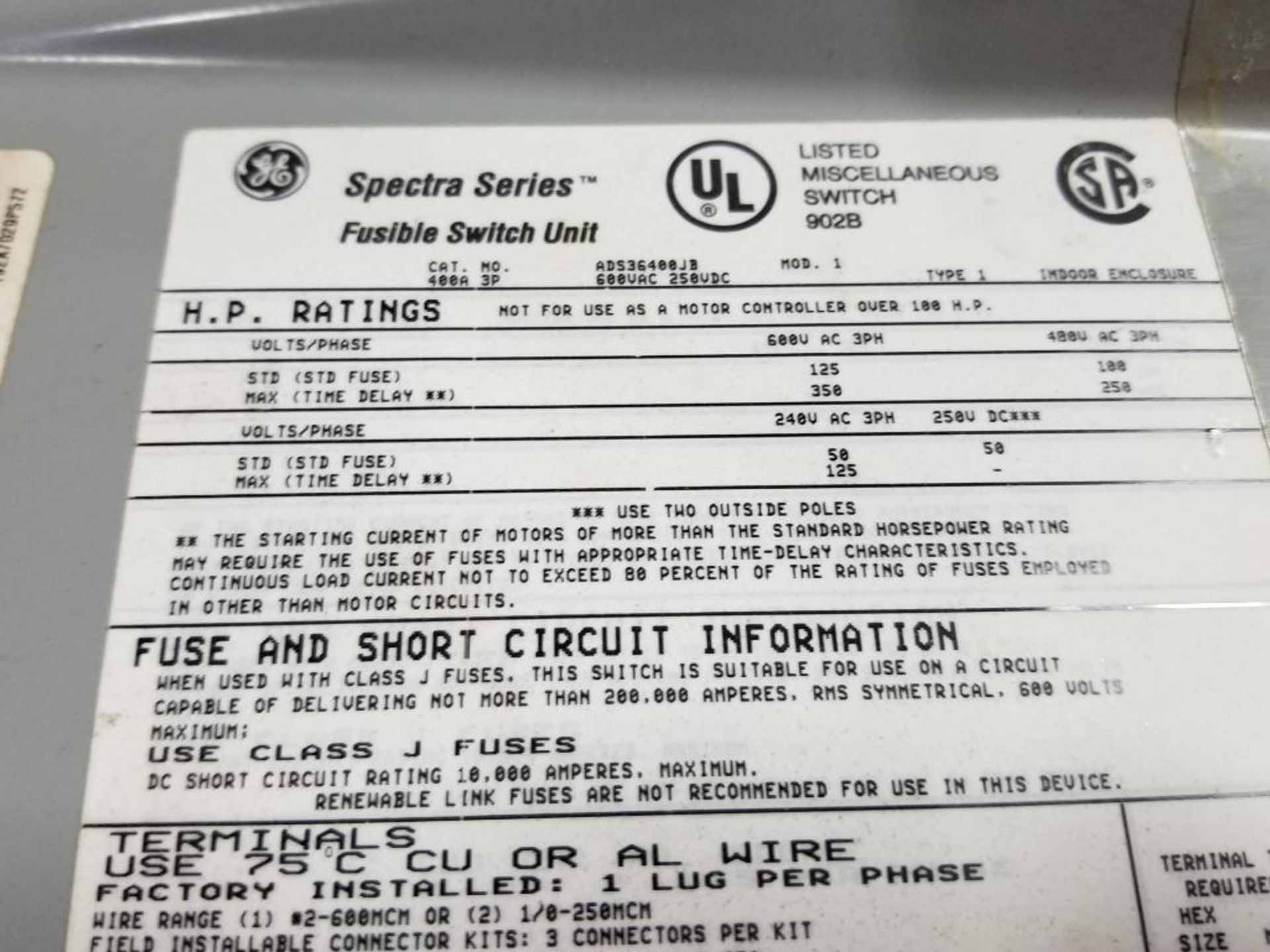 GE Spectra Series fusible switch unit. ADS36400JB. 400AMP. - Image 5 of 5