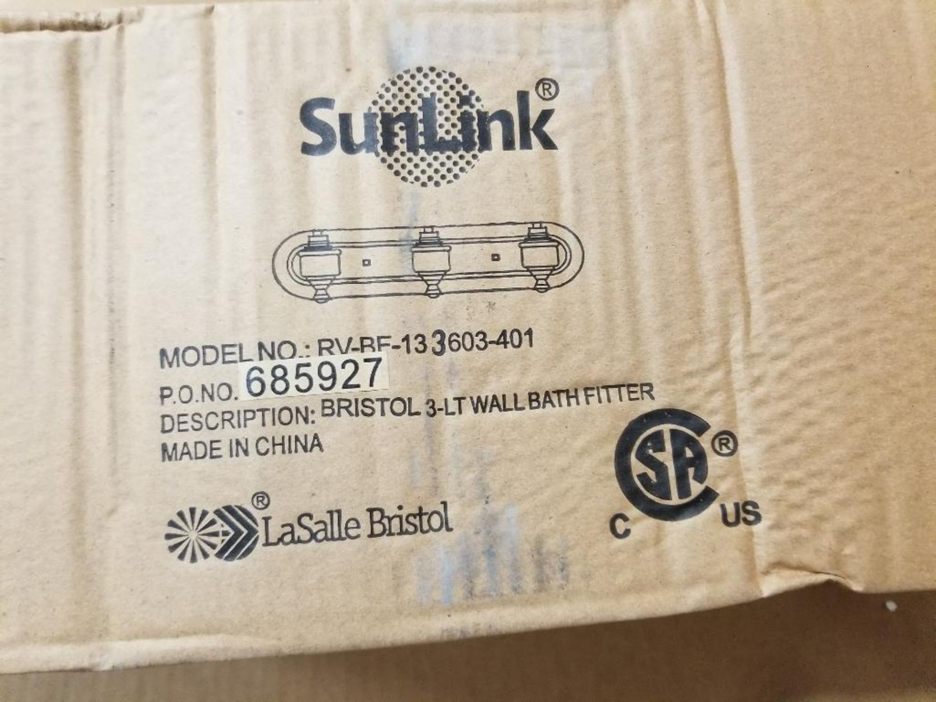 Qty 240 - SunLink Bristol 3-LT wall bath fitter. 13" long. Model RV-BF-133603-401. New in bulk box. - Image 6 of 7