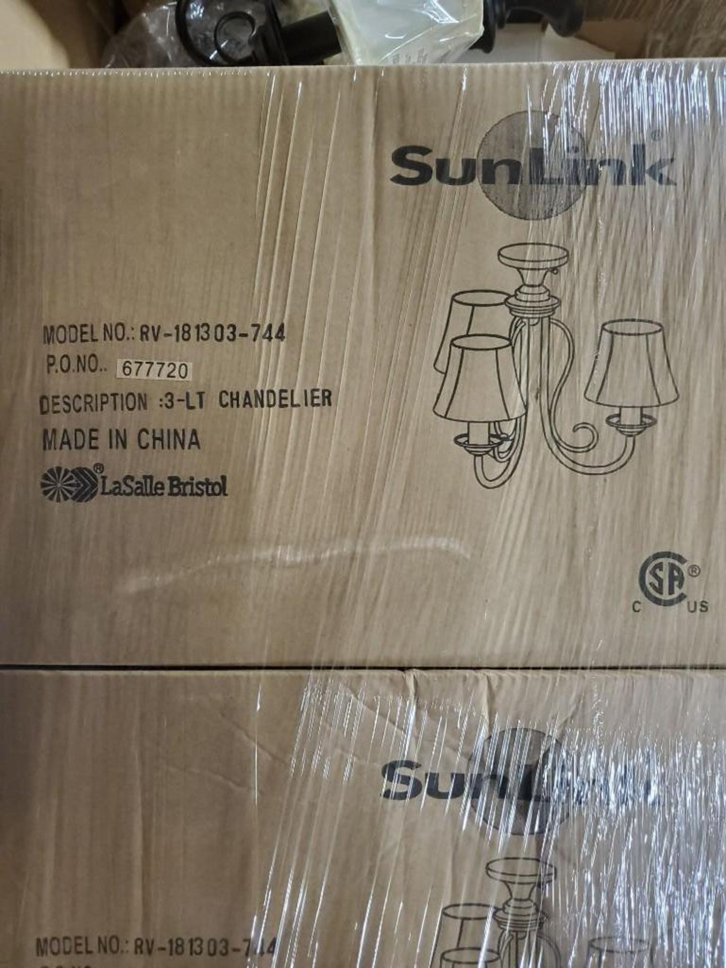 Qty 128 - SunLink 12 volt 3-light chandelier w/ shade. Part # RV-181303-744. New in bulk box. - Image 7 of 8