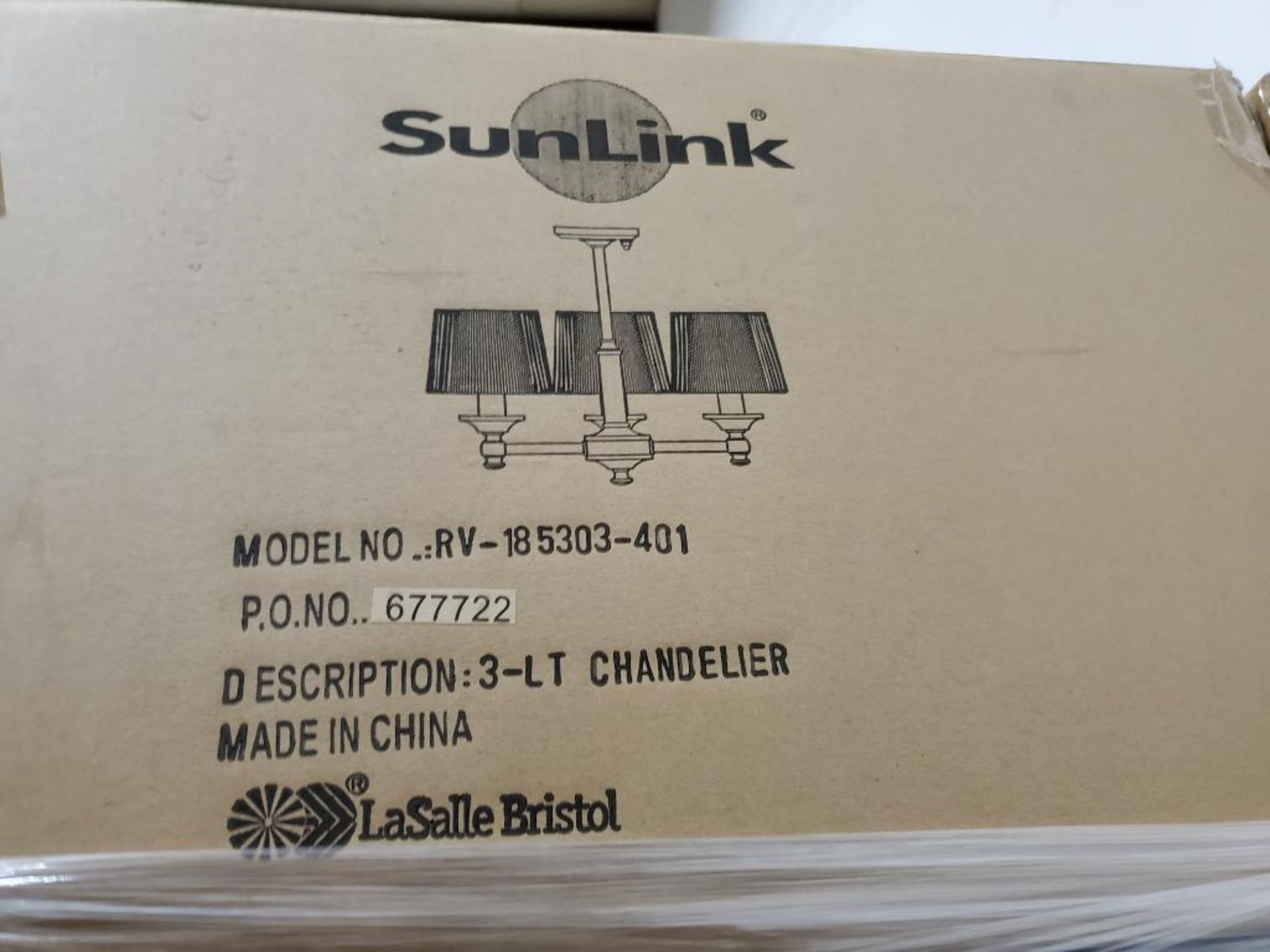 Qty 112 - SunLink 12 volt 3-light chandelier. Part #RV-185303-401. New in bulk box. - Image 8 of 10