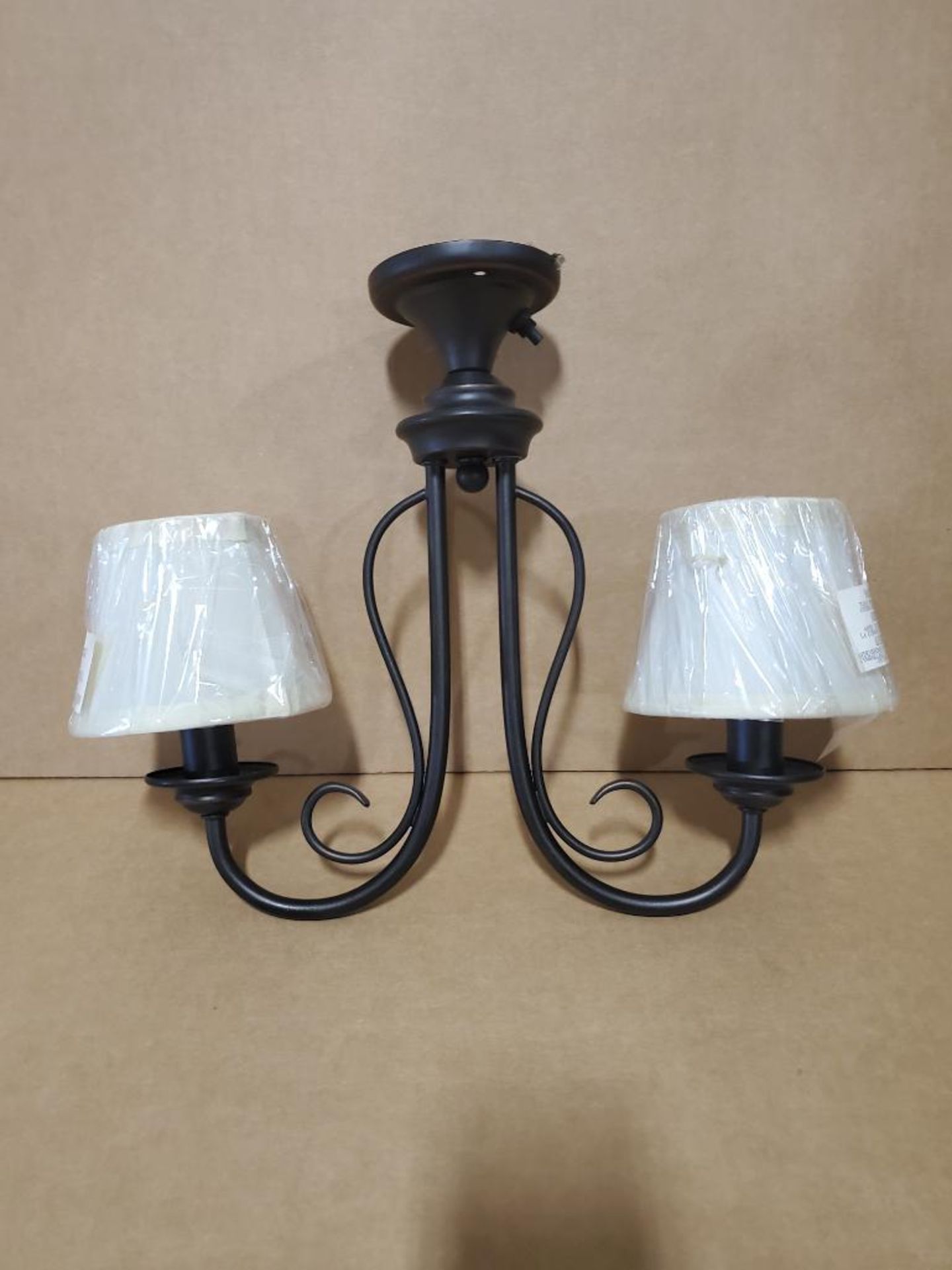 Qty 159 - SunLink 12 volt 2-light chandelier w/ shade. Part # RV-181302-744. New in bulk box.